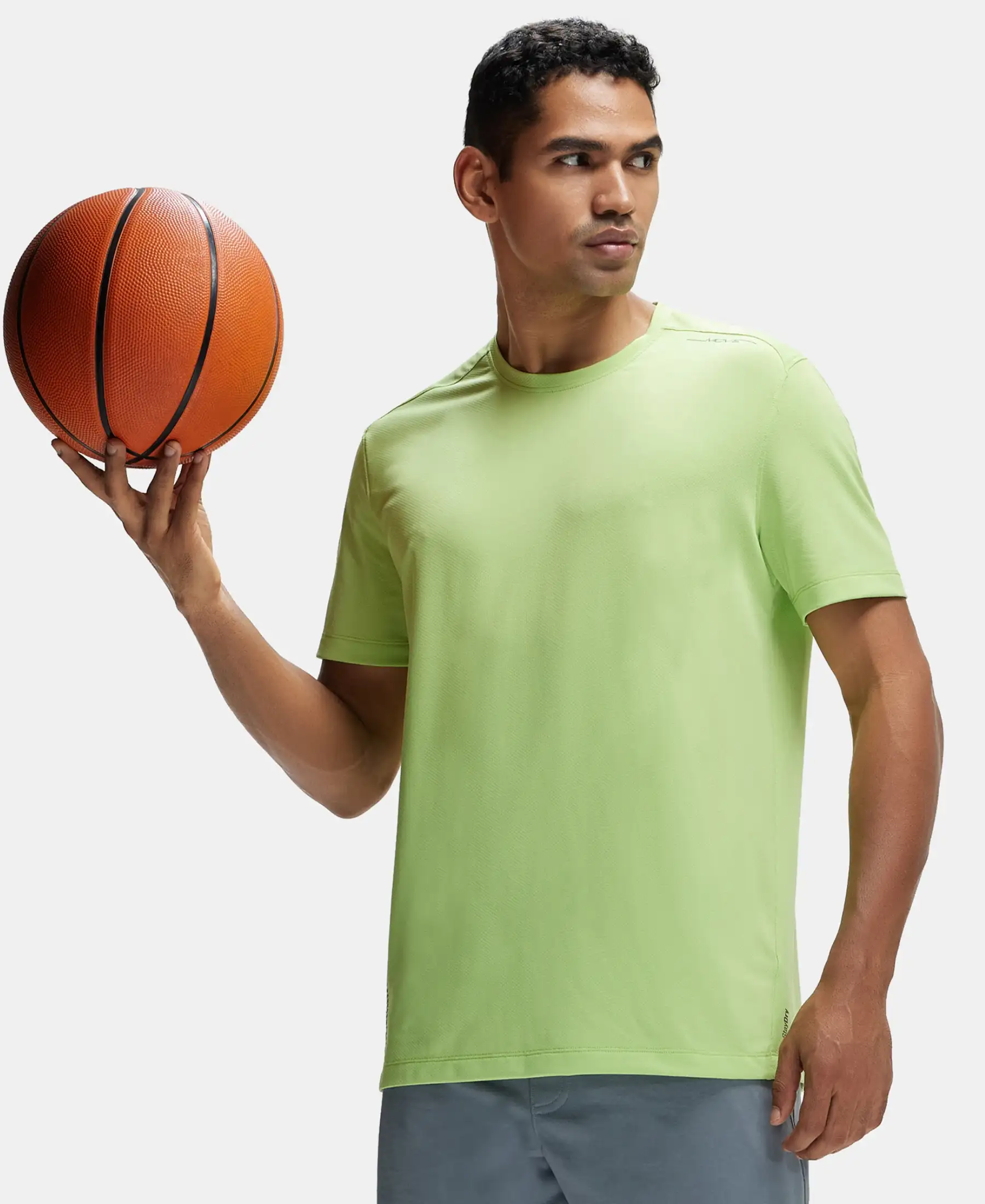 Recycled Microfiber Elastane Stretch Fabric Round Neck Half Sleeve Breathable Mesh T-Shirt - Green Glow - Image 5