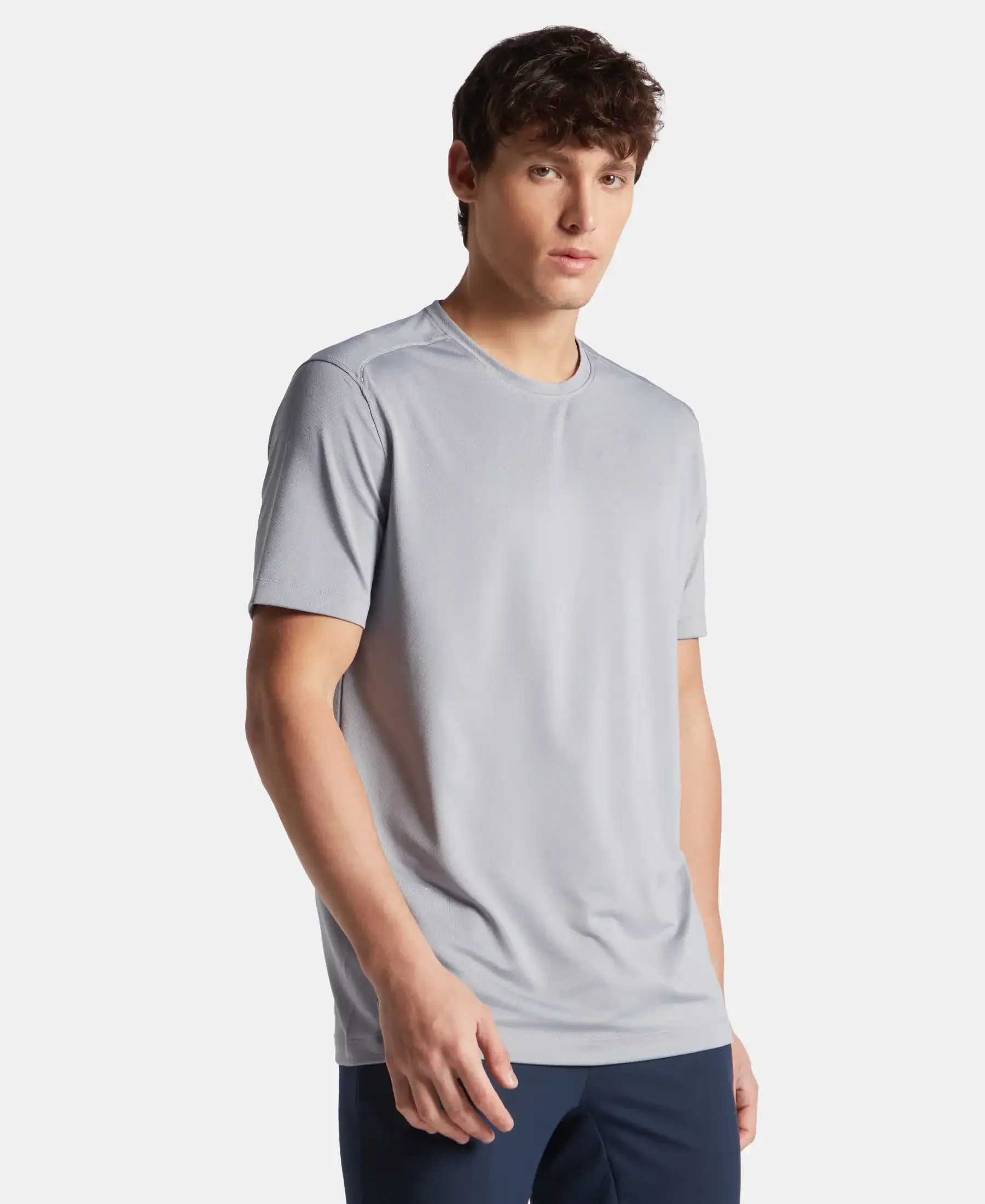 Recycled Microfiber Elastane Stretch Fabric Round Neck Half Sleeve Breathable Mesh T-Shirt - Grey - Image 2