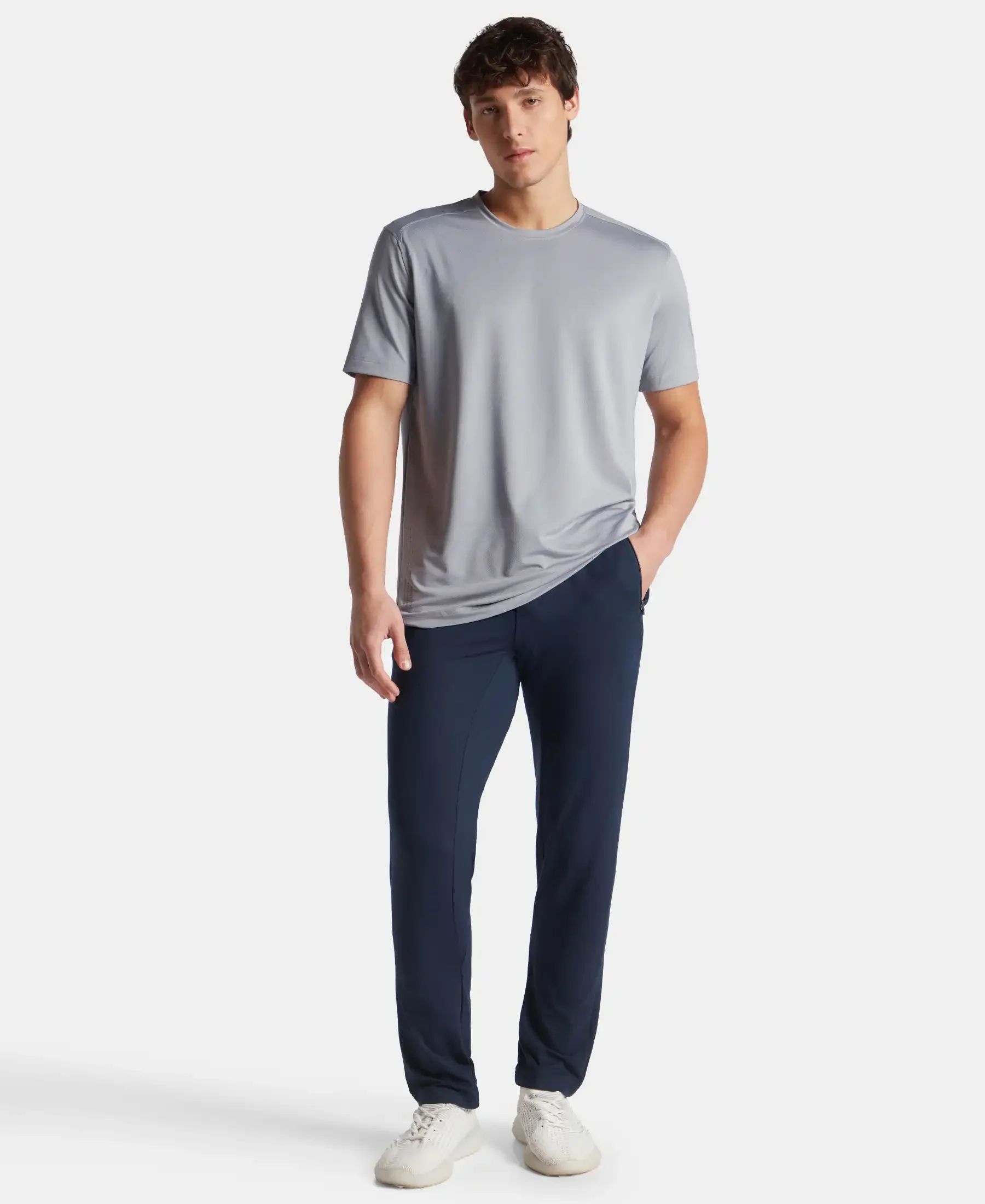 Recycled Microfiber Elastane Stretch Fabric Round Neck Half Sleeve Breathable Mesh T-Shirt - Grey - Image 4