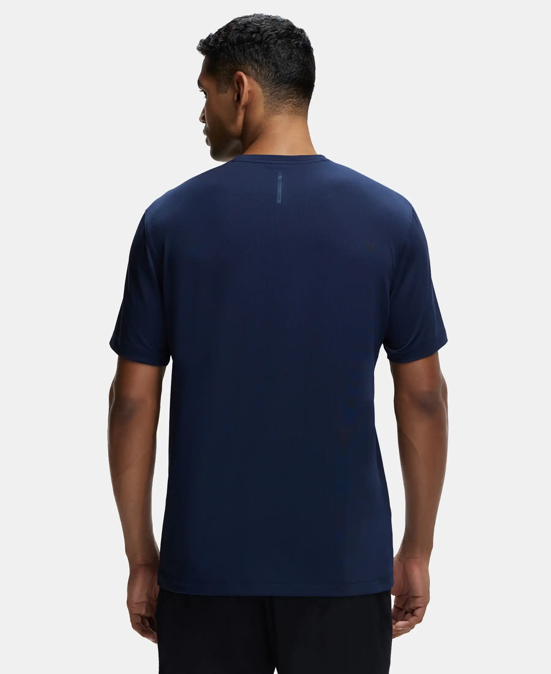 Recycled Microfiber Elastane Stretch Fabric Round Neck Half Sleeve Breathable Mesh T-Shirt - Navy - Image 3