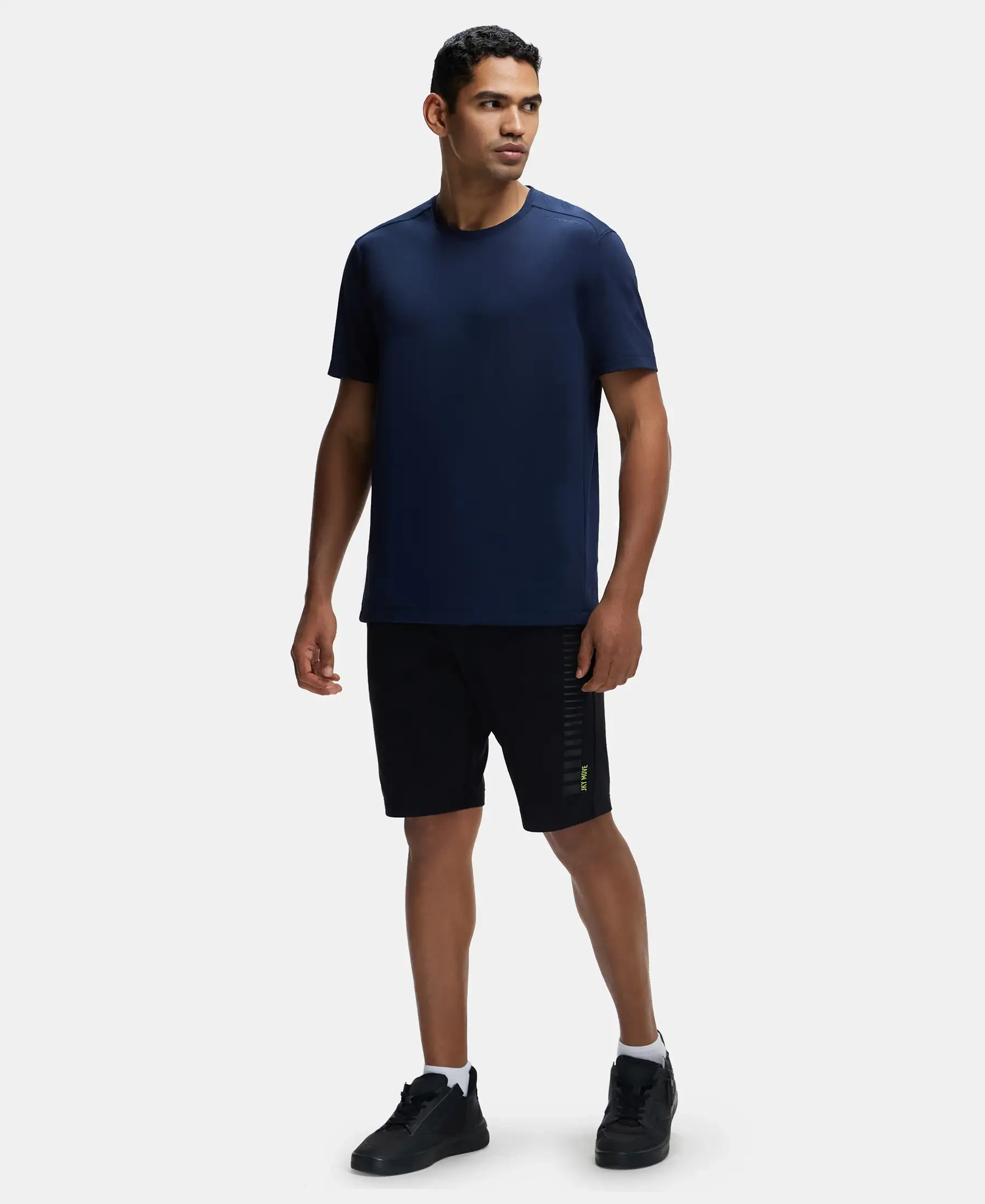 Recycled Microfiber Elastane Stretch Fabric Round Neck Half Sleeve Breathable Mesh T-Shirt - Navy - Image 4