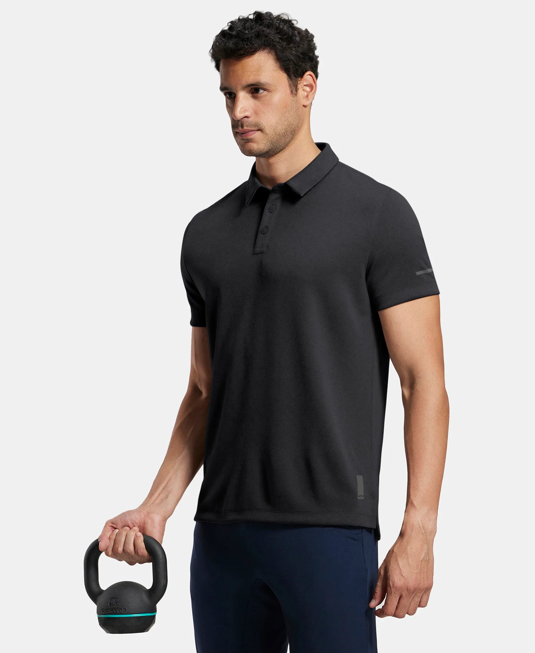 Recycled Microfiber Elastane Stretch Half Sleeve Polo T-Shirt with Breathable Mesh - Black - Image 5