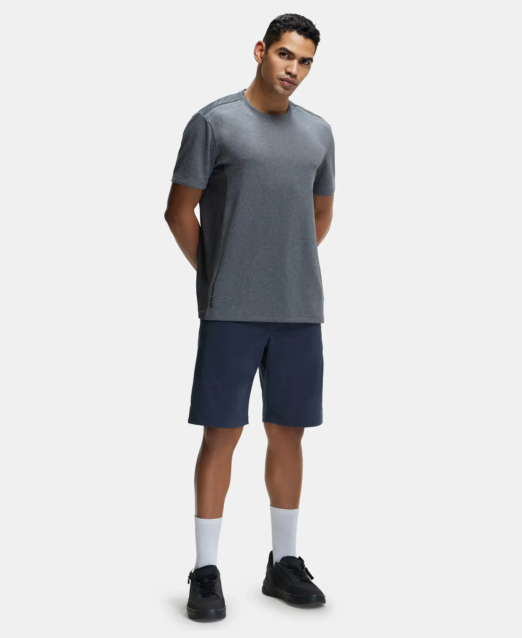 Recycled Microfiber Elastane Stretch Half Sleeve Round Neck T-Shirt with Breathable Mesh - Black - Image 4