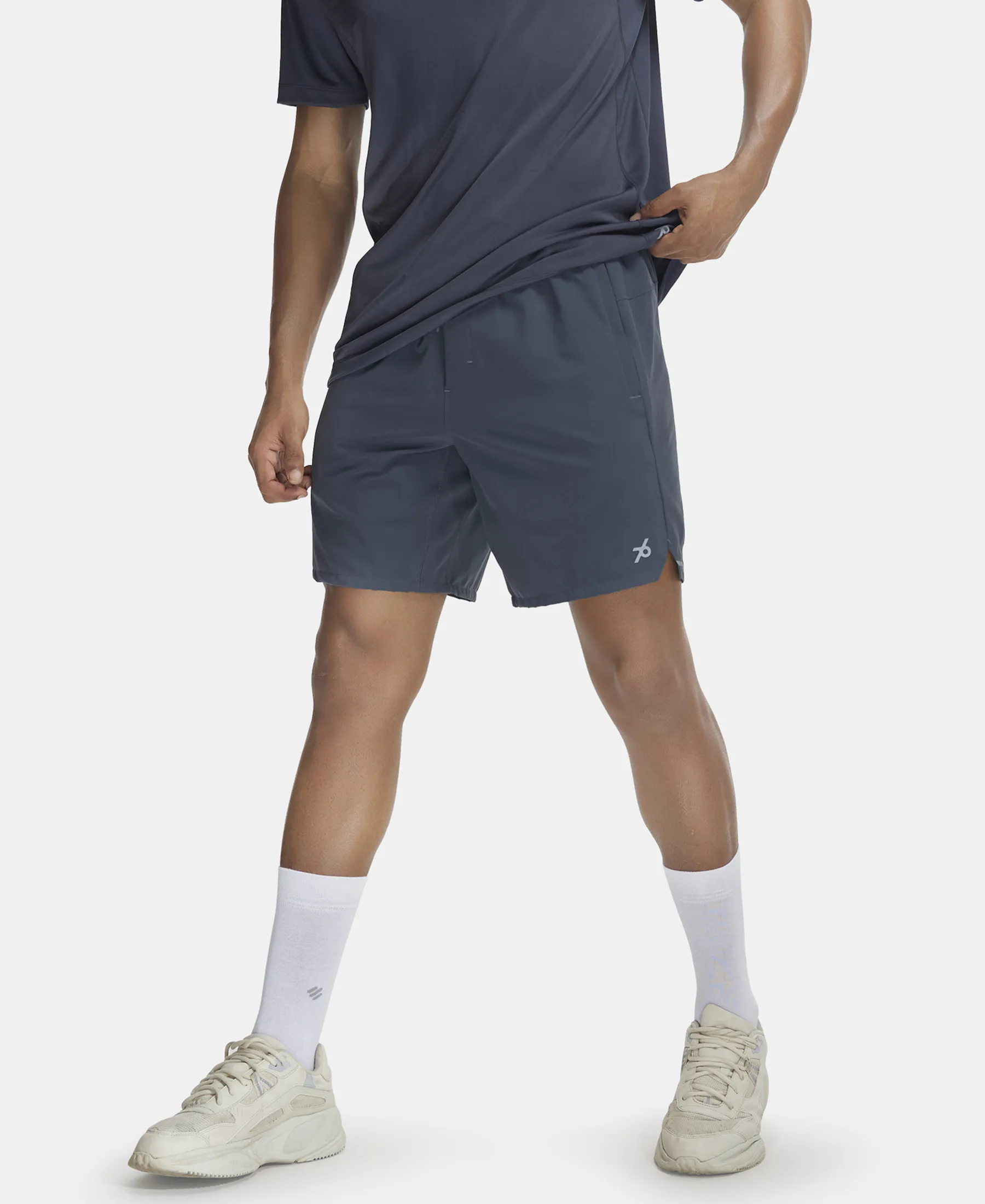 Recycled Microfiber Elastane Stretch Solid Shorts with Zipper Pockets and StayFresh Treatment - Graphite - Image 5