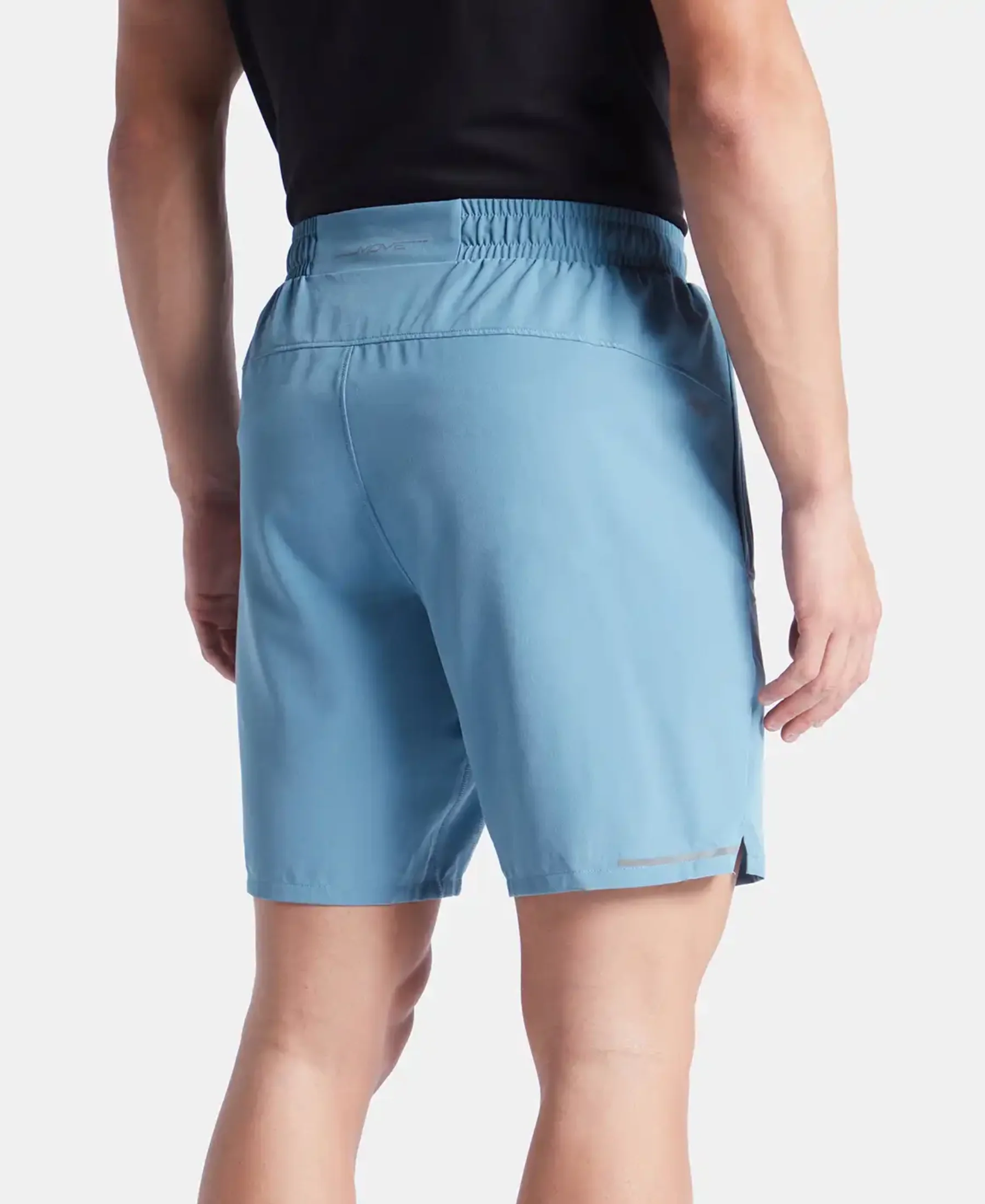Recycled Microfiber Elastane Stretch Solid Shorts with Zipper Pockets and StayFresh Treatment - Provincial Blue - Image 3