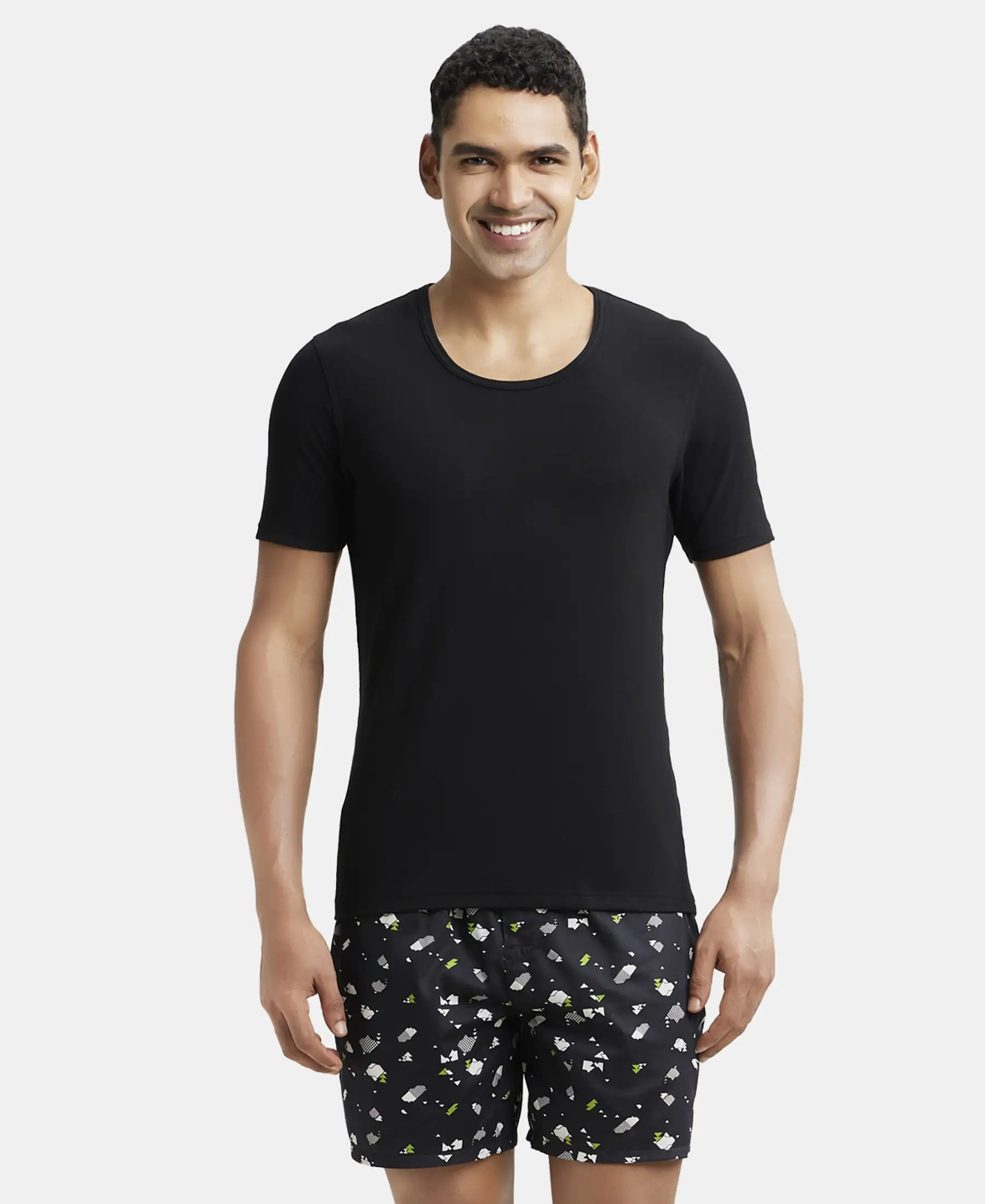 Soft Touch Microfiber Elastane Stretch Half Sleeve Thermal Undershirt with StayWarm Technology - Black