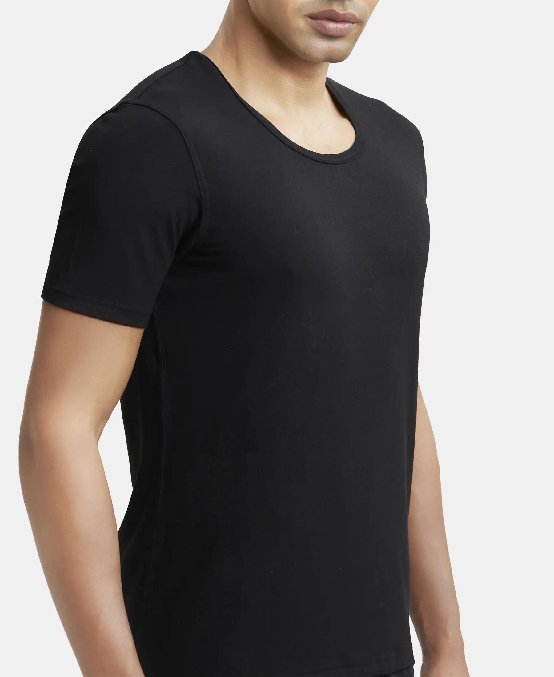 Soft Touch Microfiber Elastane Stretch Half Sleeve Thermal Undershirt with StayWarm Technology - Black - Image 6