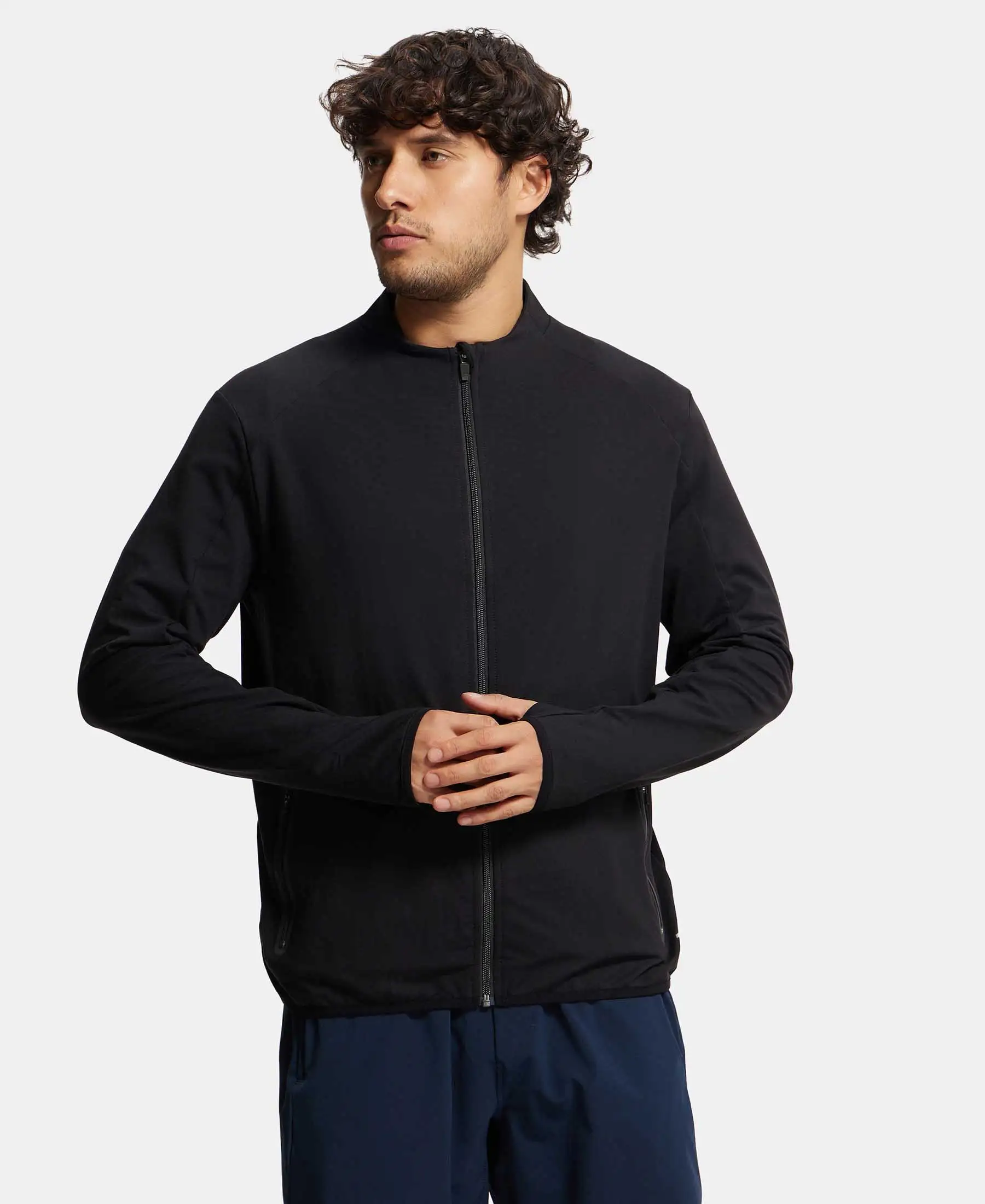 Soft Touch Microfiber Elastane Stretch Jacket with Thumbhole Styling - Black - Image 5