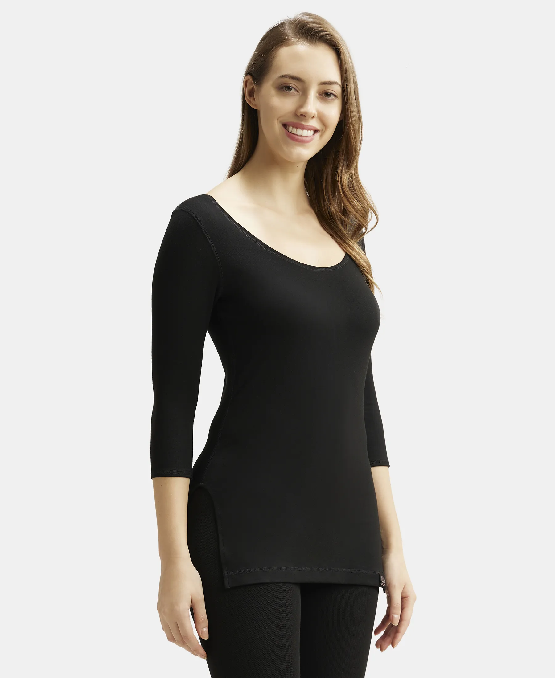 Warmth Soft Touch Microfiber Elastane Stretch Three Quarter Sleeve Thermal Top with StayWarm Technology - Black - Image 2