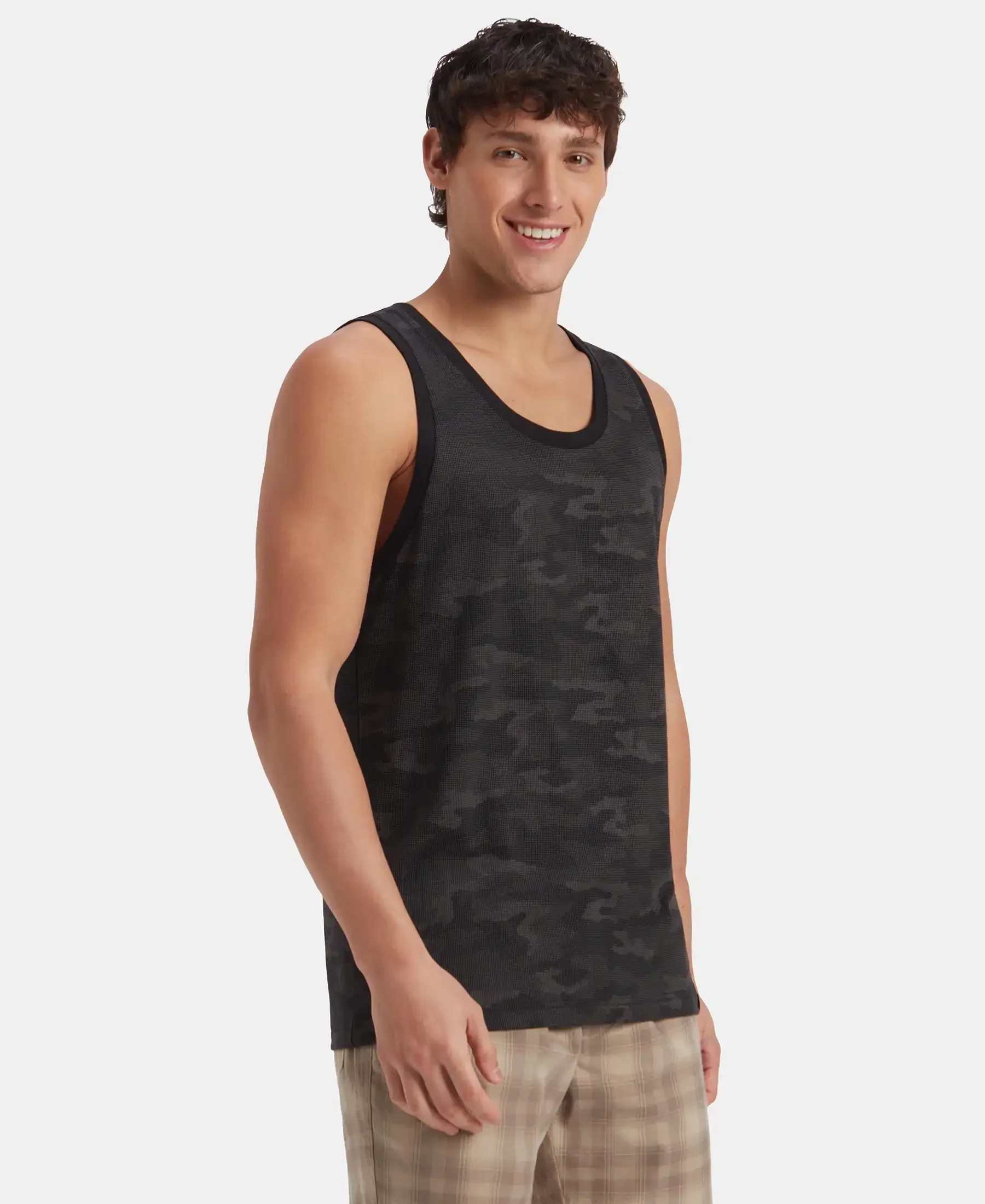 Super Combed Cotton Blend Printed Tank Top - Black - Image 2