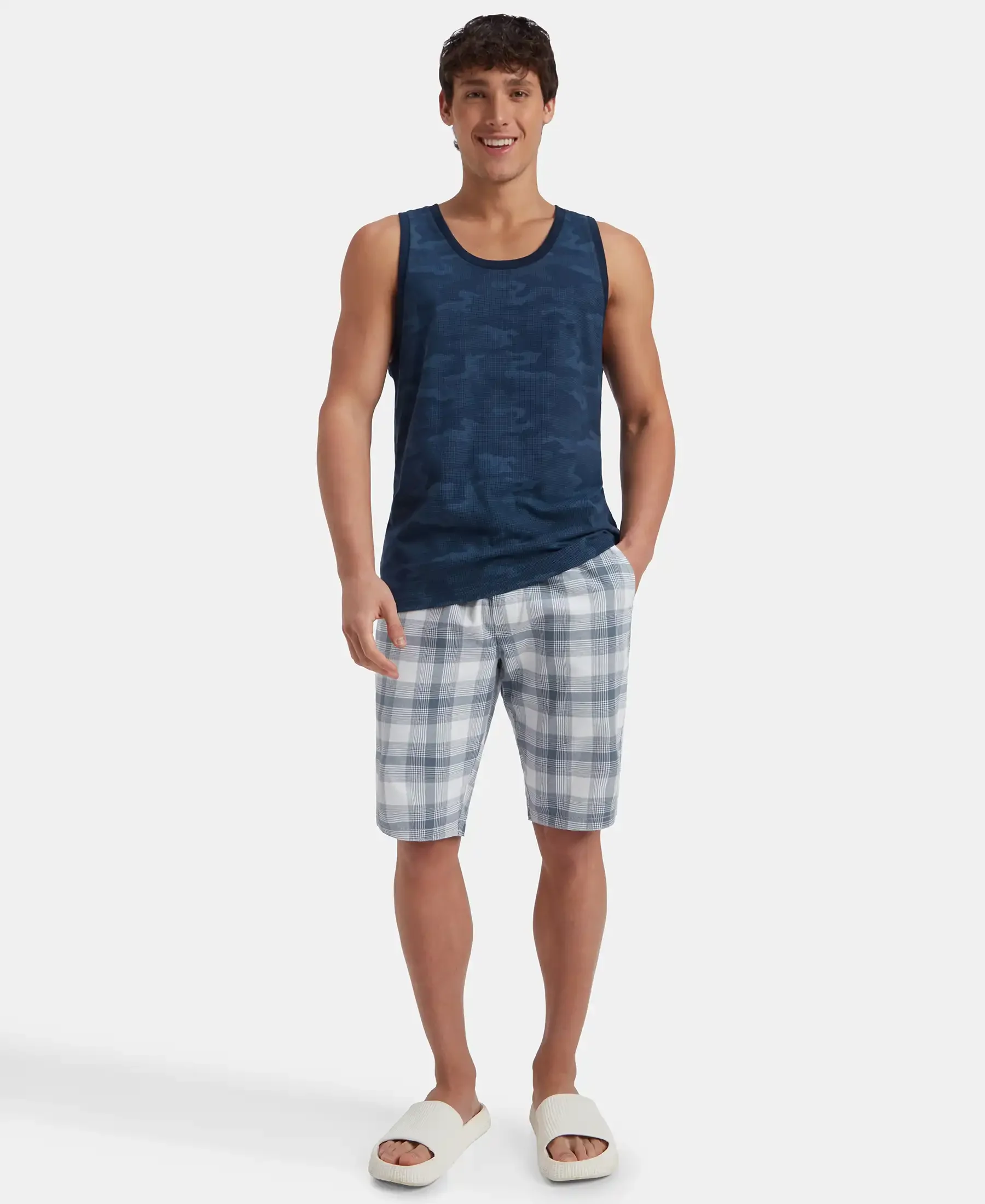 Super Combed Cotton Blend Printed Tank Top - Navy - Image 4