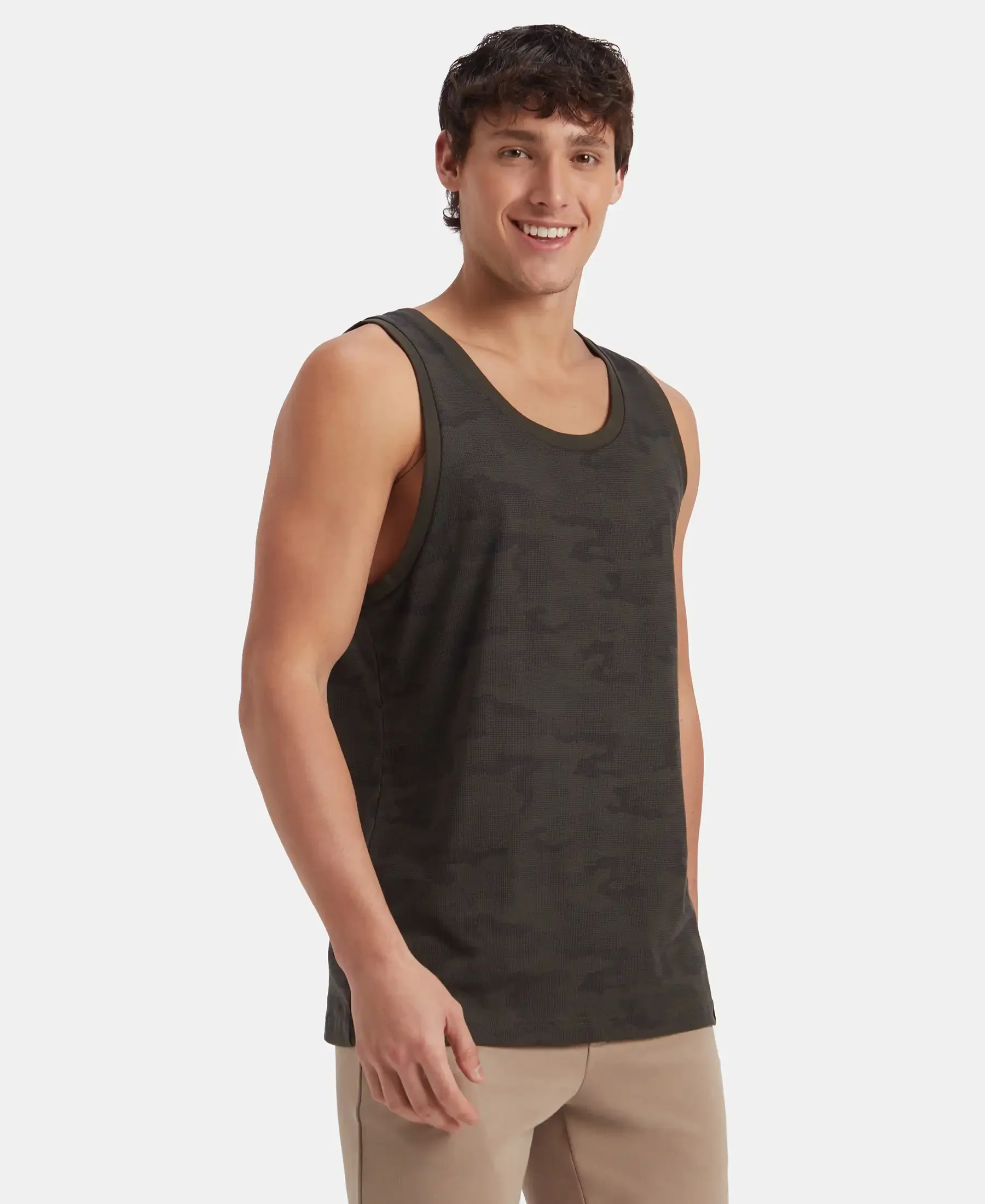 Super Combed Cotton Blend Printed Tank Top - Olive - Image 2