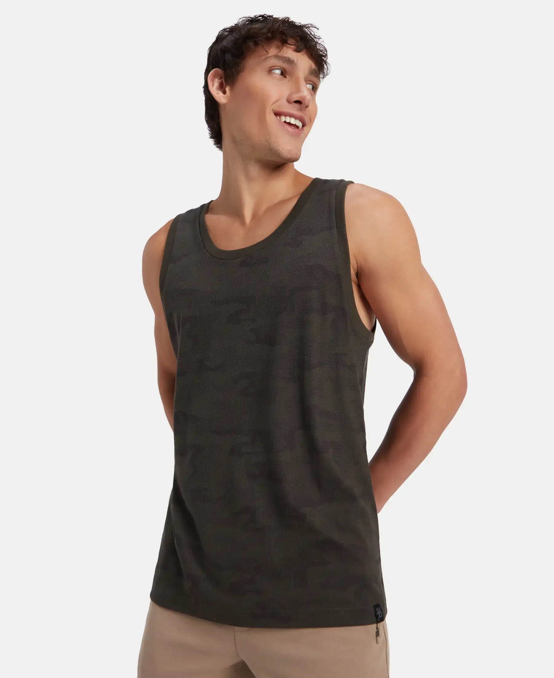Super Combed Cotton Blend Printed Tank Top - Olive - Image 5