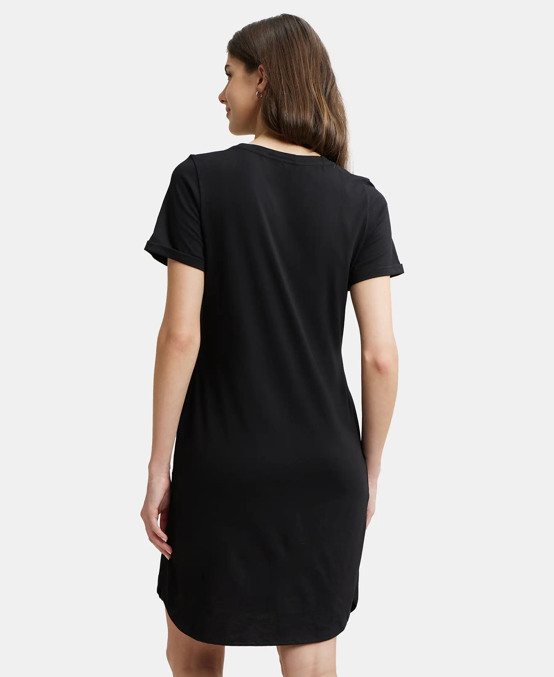 Super Combed Cotton Curved Hem Styled Half Sleeve Printed Sleep Dress with Side Pockets - Black - Image 3