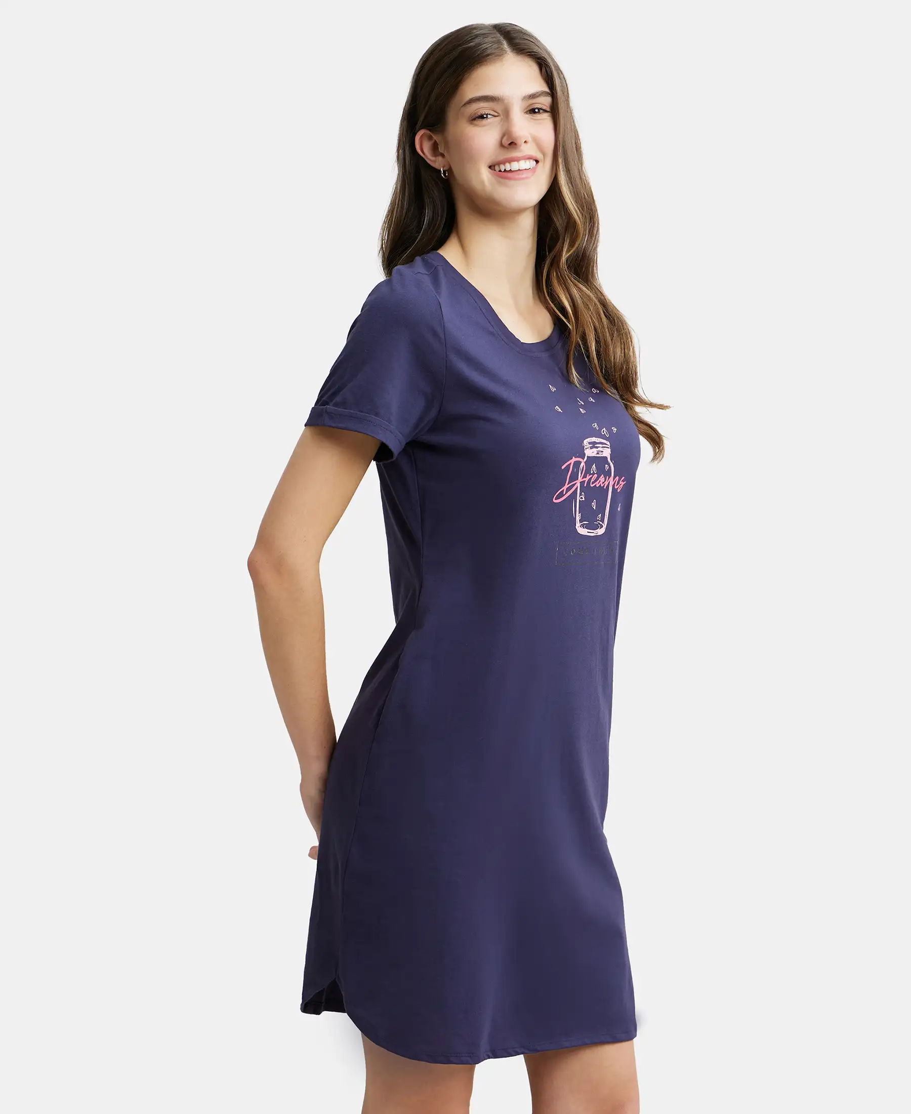 Super Combed Cotton Curved Hem Styled Half Sleeve Printed Sleep Dress with Side Pockets - Classic Navy - Image 2