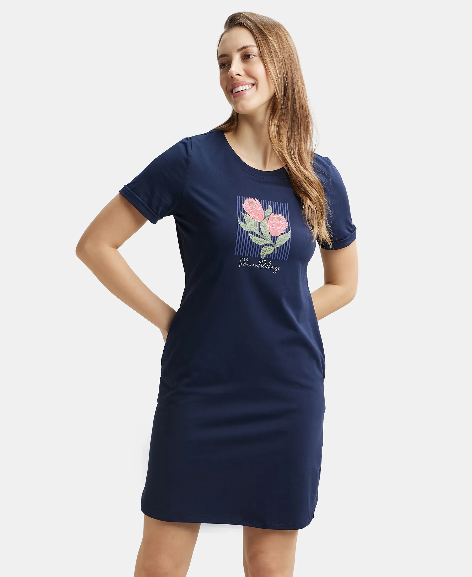 Super Combed Cotton Curved Hem Styled Half Sleeve Printed Sleep Dress with Side Pockets - Navy Blazer - Image 6