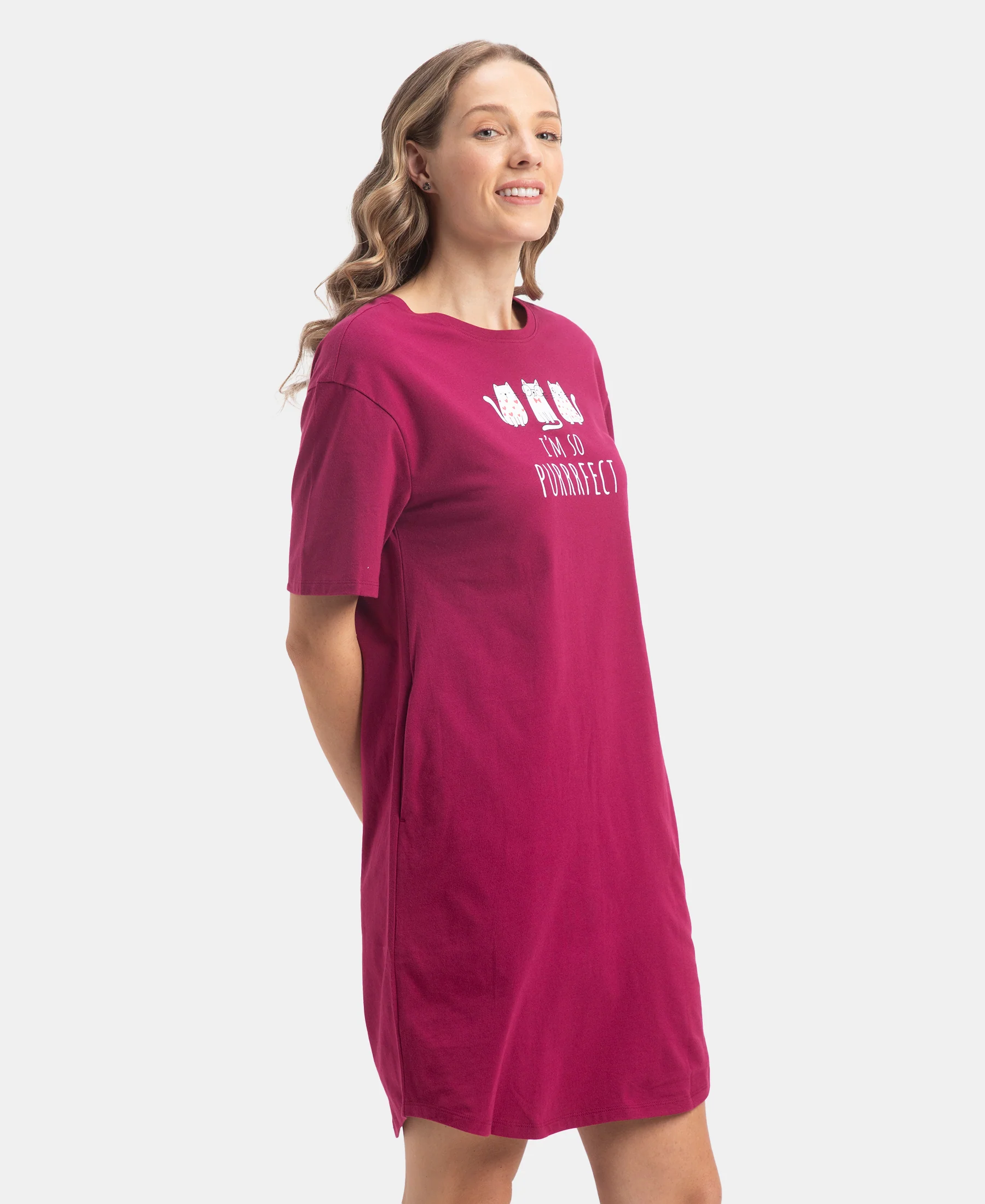 Super Combed Cotton Drop Shoulder Styled Curved Hem Printed Lounge Dress With Side Pockets - Raspberry Radiance - Image 2