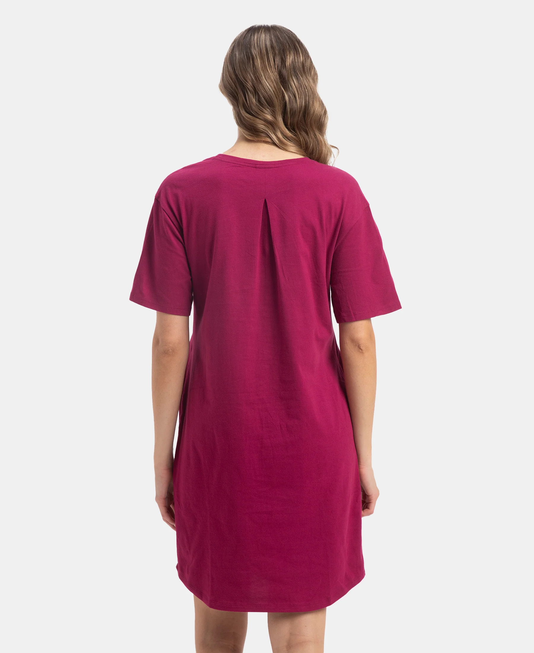 Super Combed Cotton Drop Shoulder Styled Curved Hem Printed Lounge Dress With Side Pockets - Raspberry Radiance - Image 3
