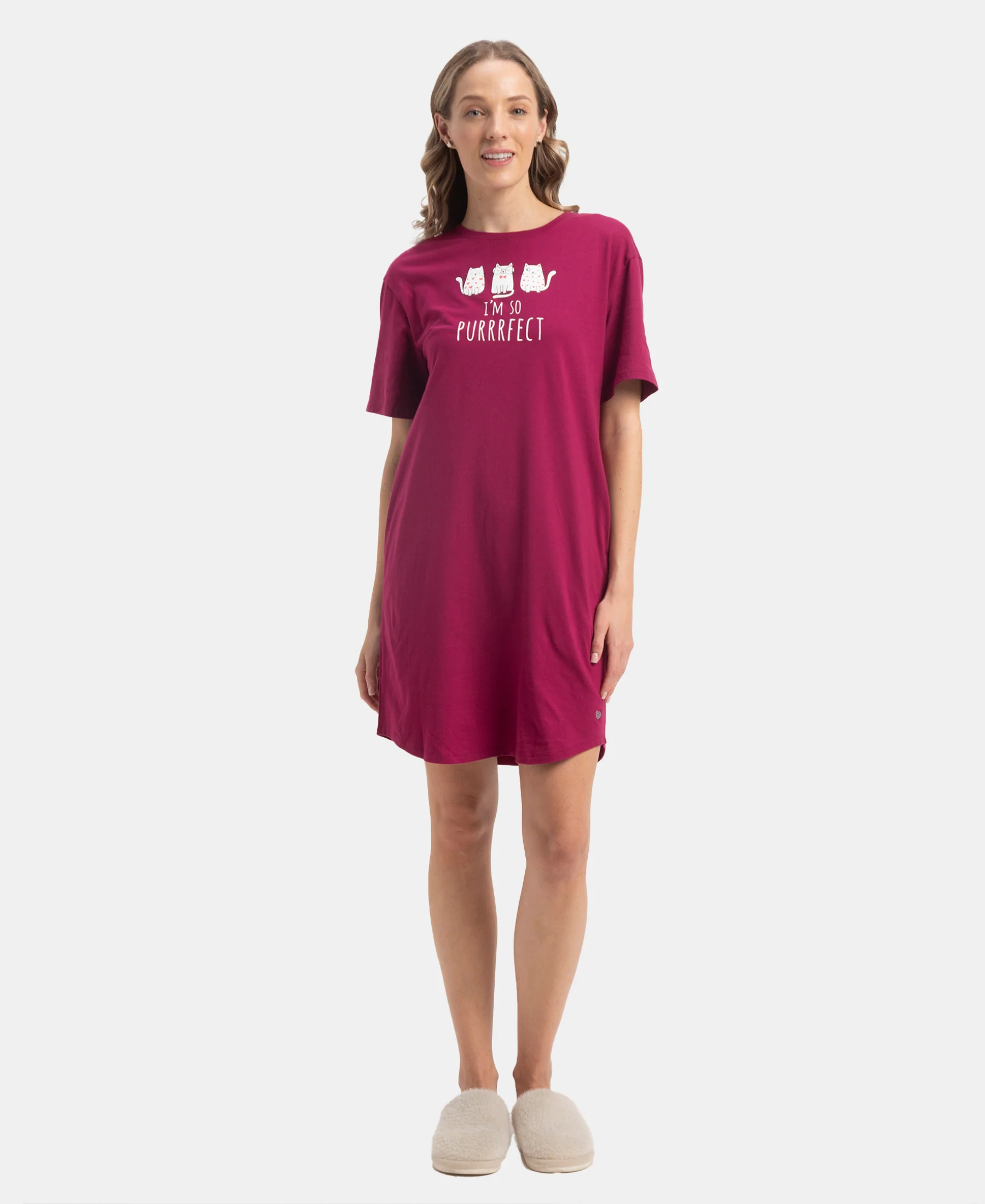 Super Combed Cotton Drop Shoulder Styled Curved Hem Printed Lounge Dress With Side Pockets - Raspberry Radiance - Image 4