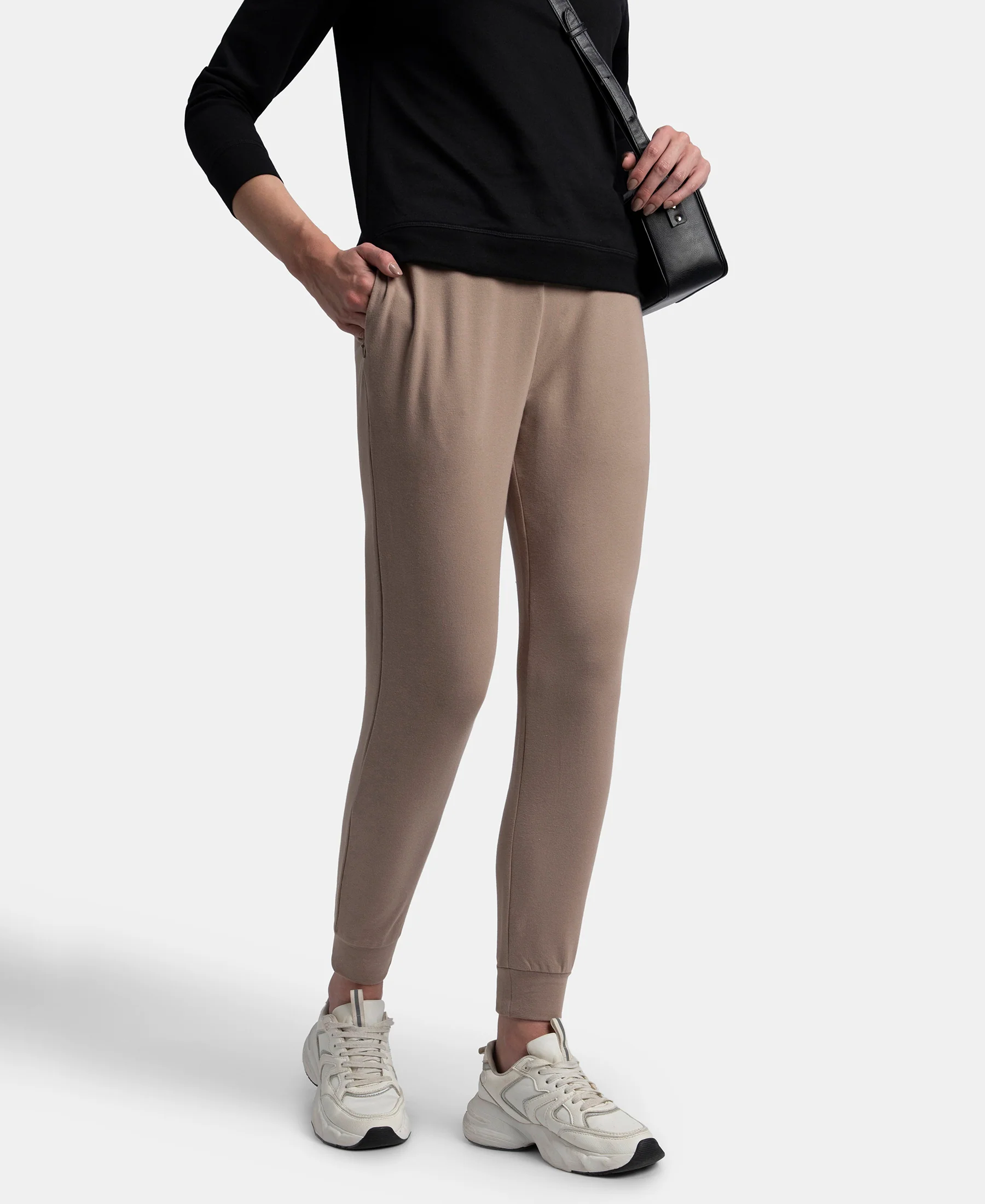 Super Combed Cotton Elastane French Terry Relaxed Fit Joggers With Zipper Pockets - Taupe Grey - Image 5