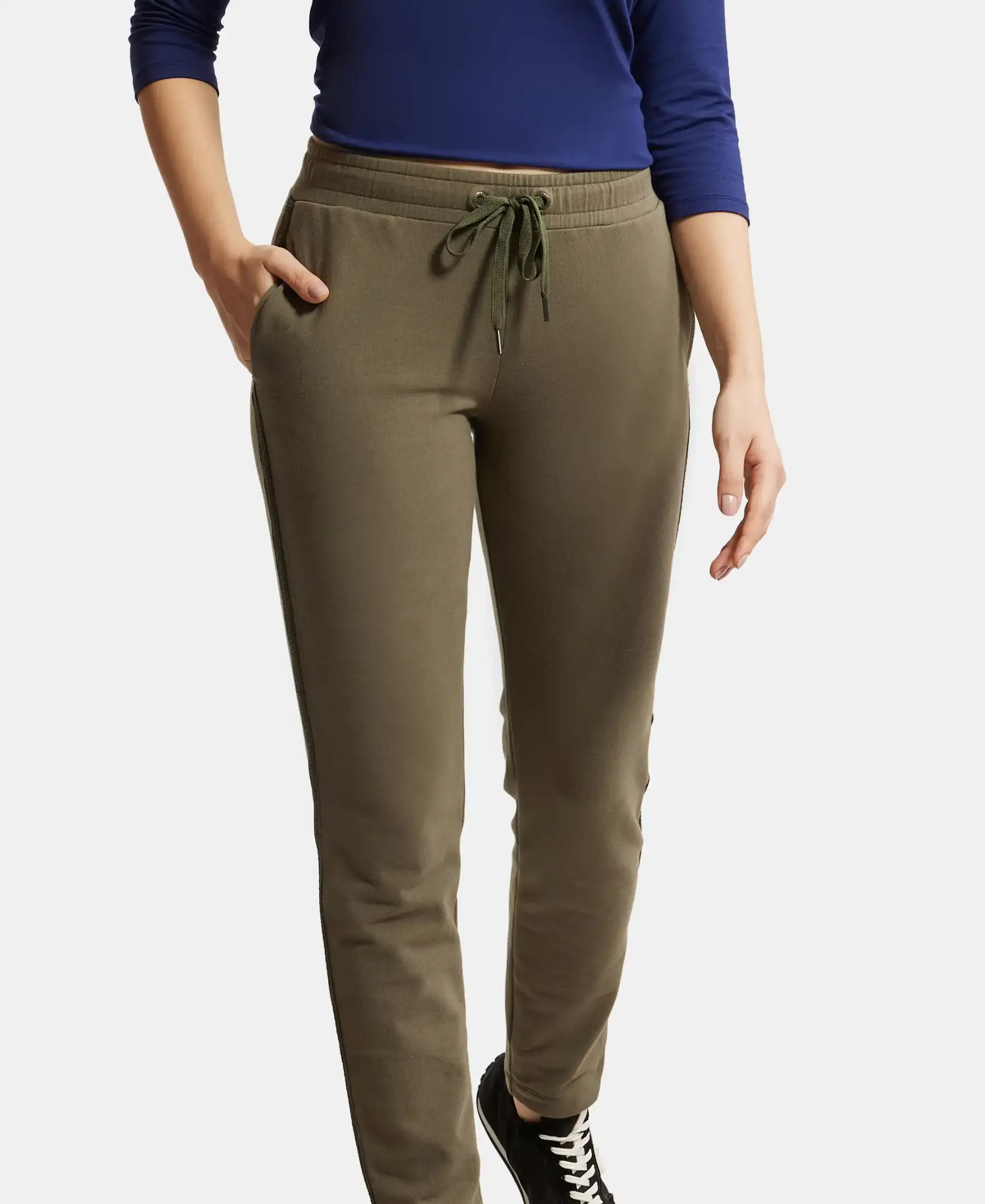 Super Combed Cotton Elastane Stretch French Terry Straight Fit Trackpants with Side Pockets - Beetle - Image 5