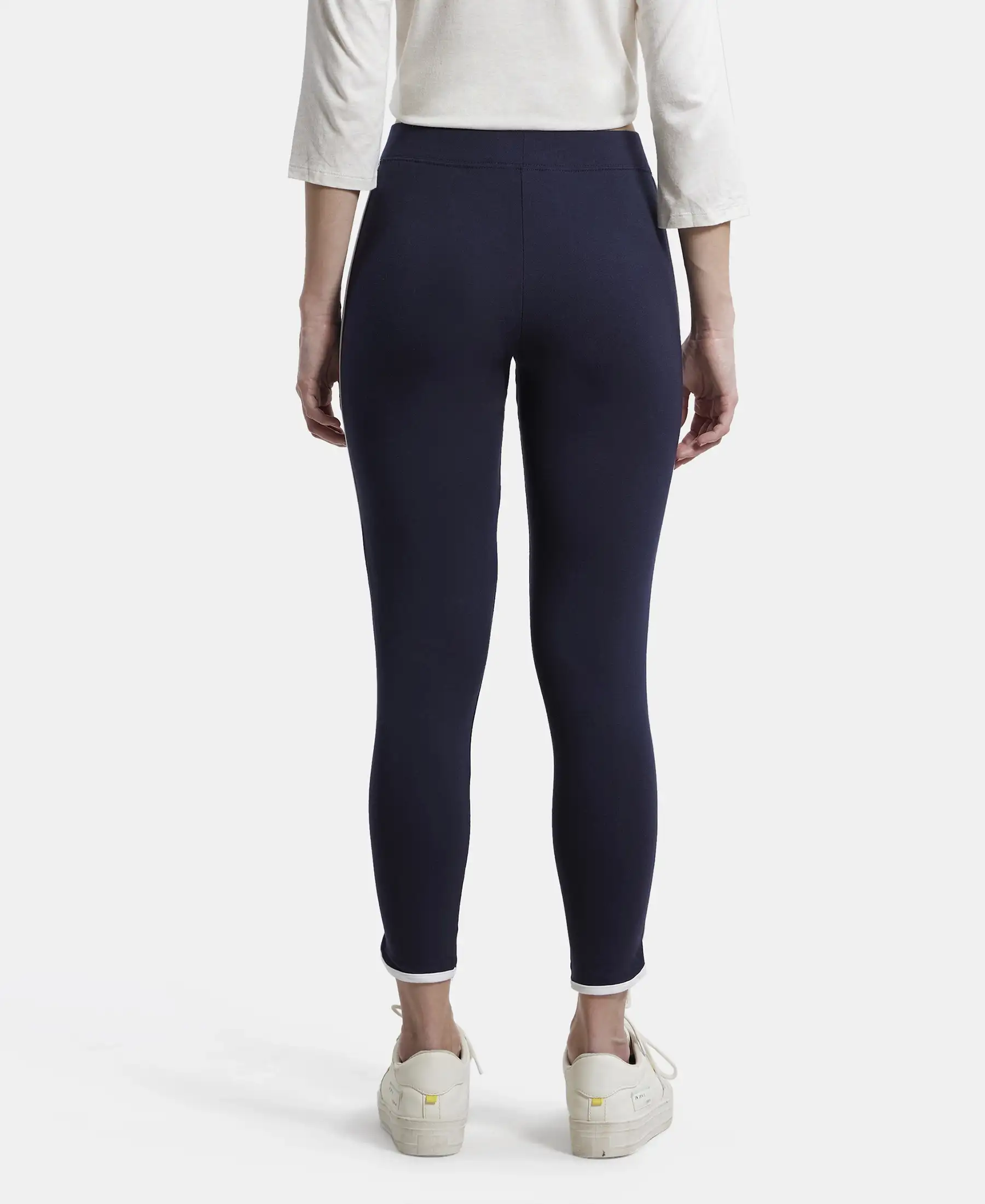 Super Combed Cotton Elastane Stretch Leggings with Contrast Side Piping - Navy Blazer - Image 3