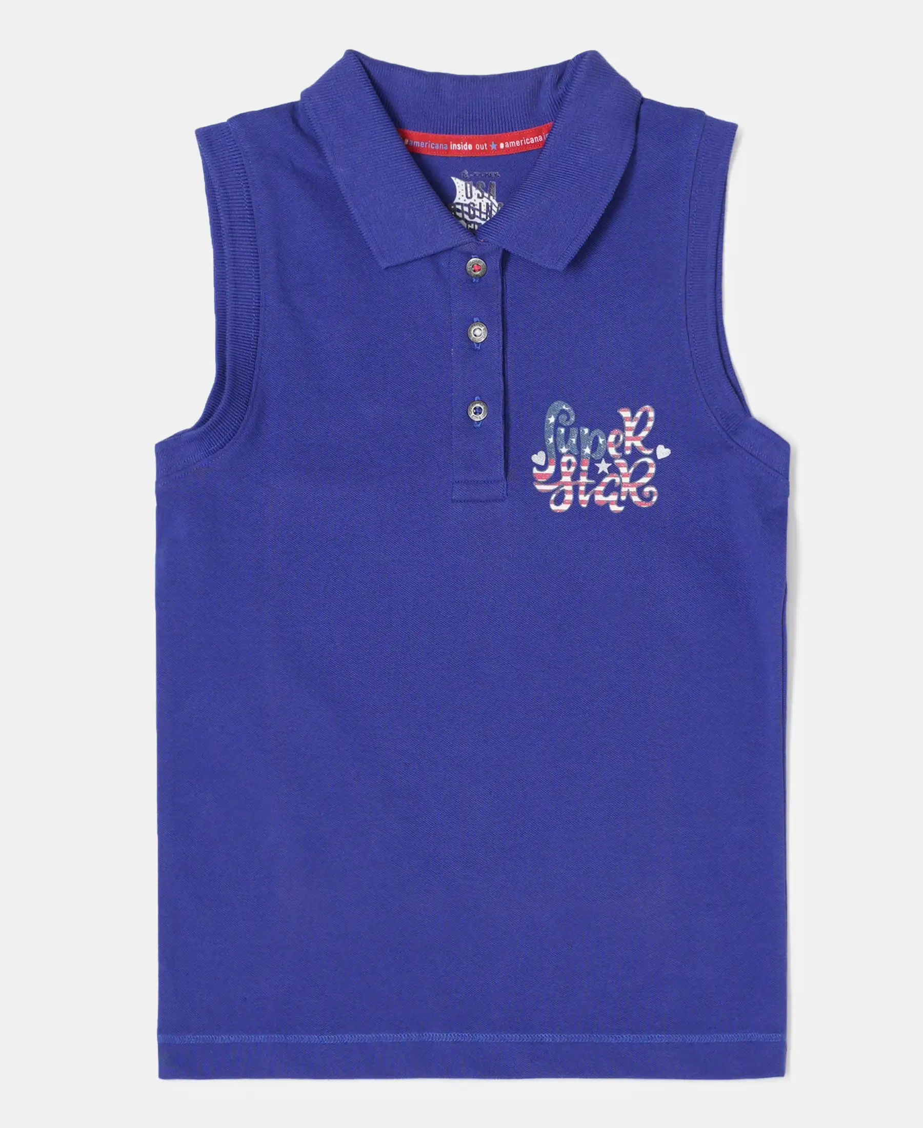 Girl's Super Combed Cotton Elastane Stretch Polo Neck Graphic Printed Tank Top - Indigo Crush