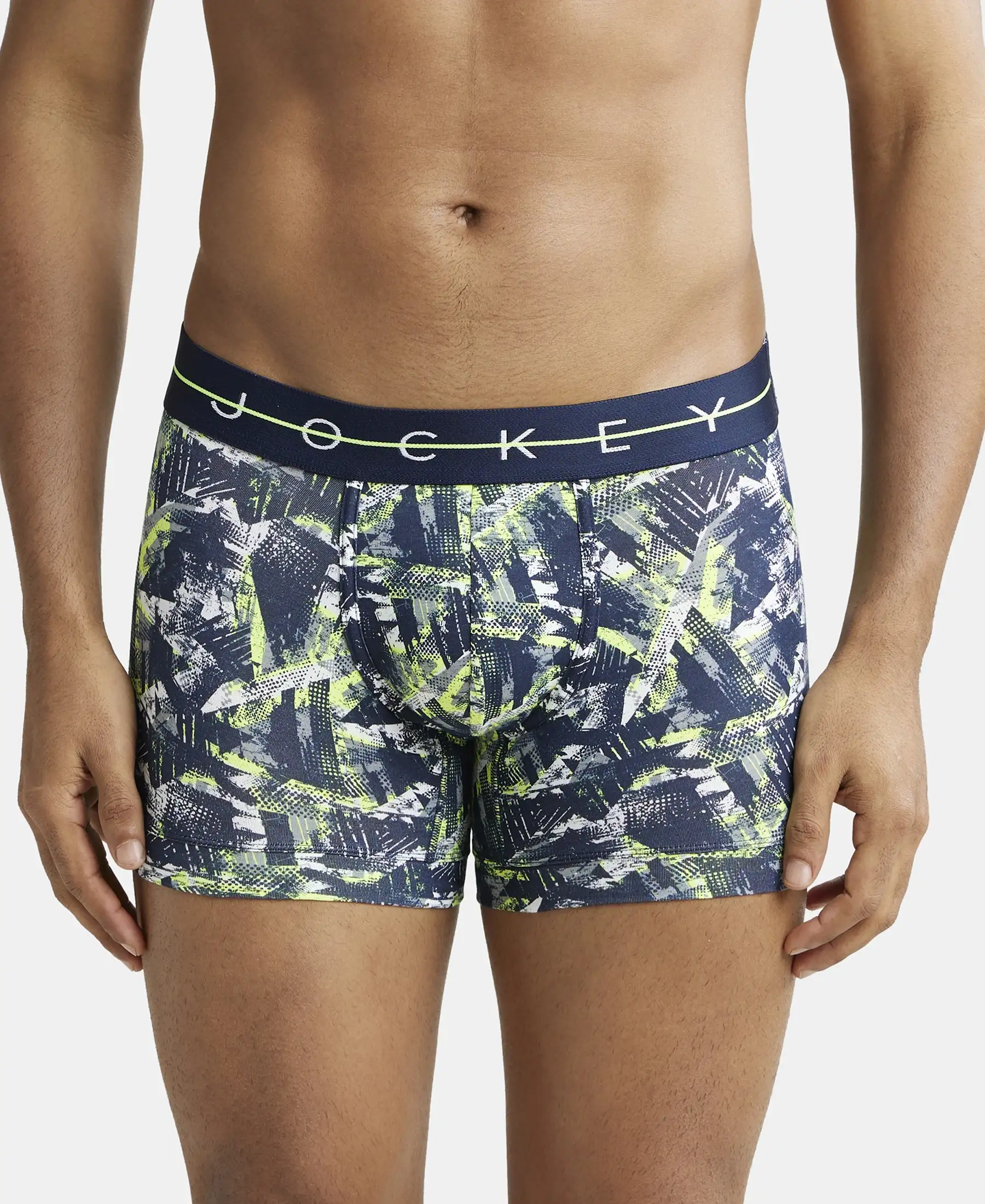 Super Combed Cotton Elastane Printed Trunk with Ultrasoft Waistband - Navy & Neon