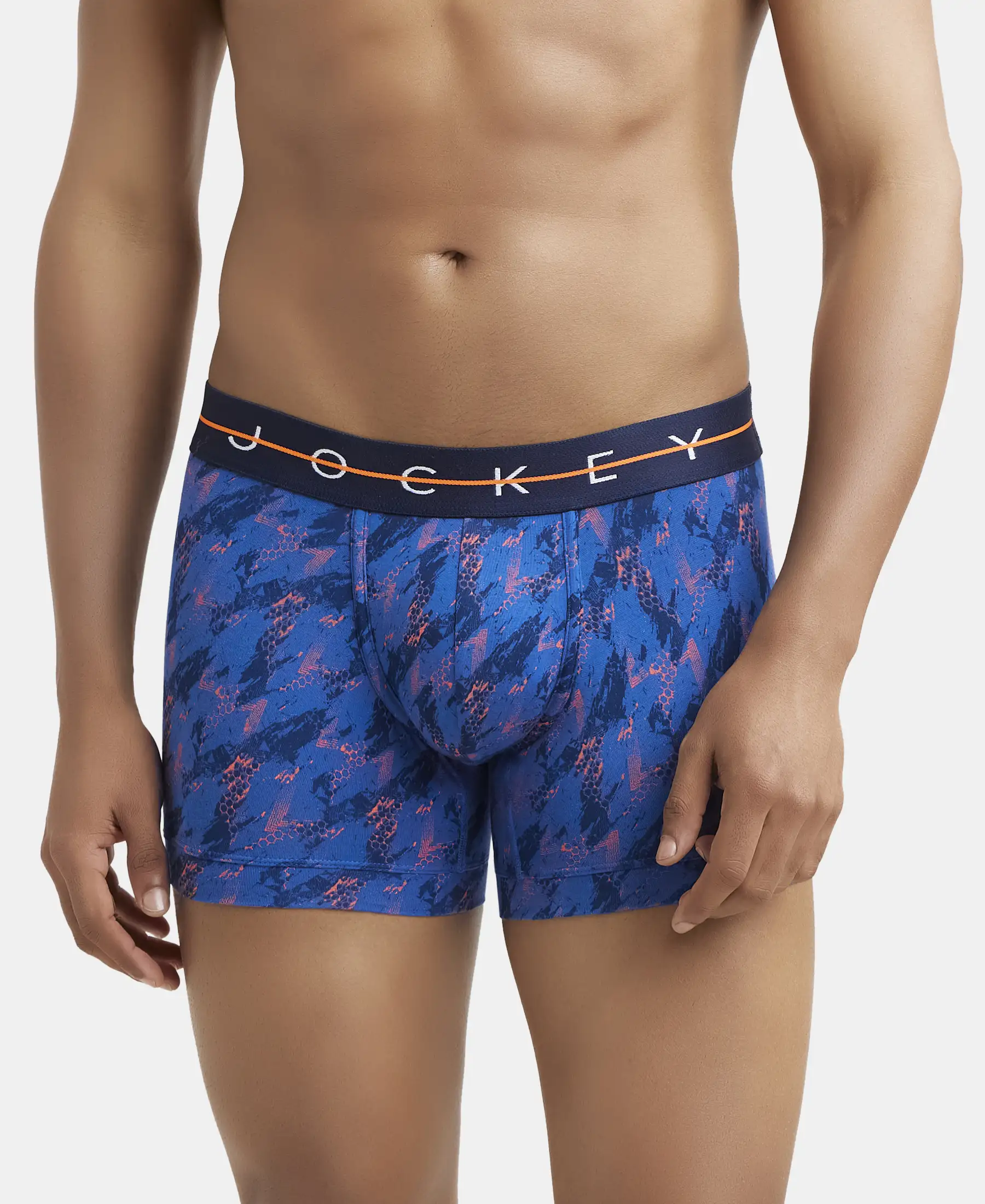 Super Combed Cotton Elastane Printed Trunk with Ultrasoft Waistband - Navy & Orange