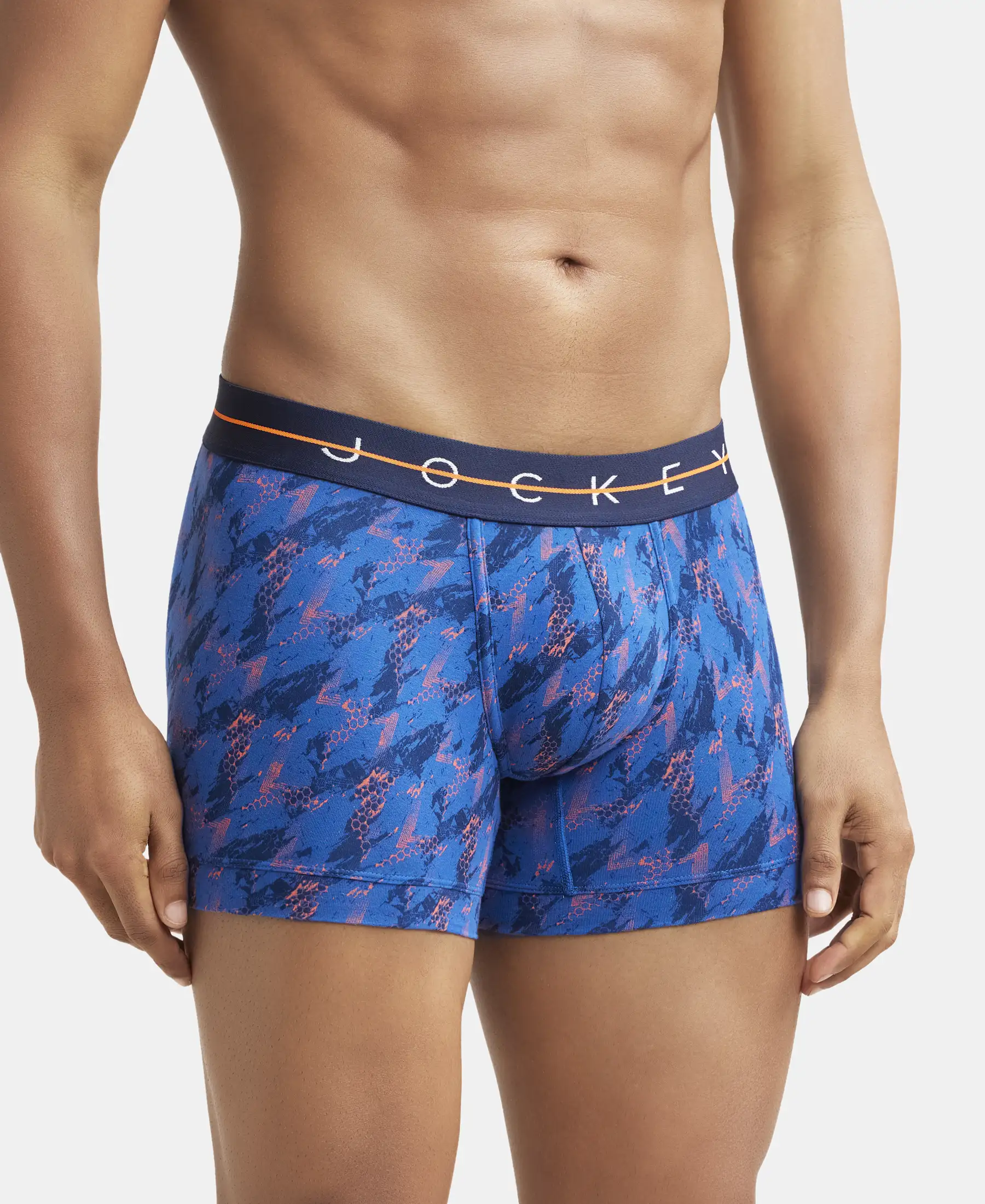 Super Combed Cotton Elastane Printed Trunk with Ultrasoft Waistband - Navy & Orange - Image 2
