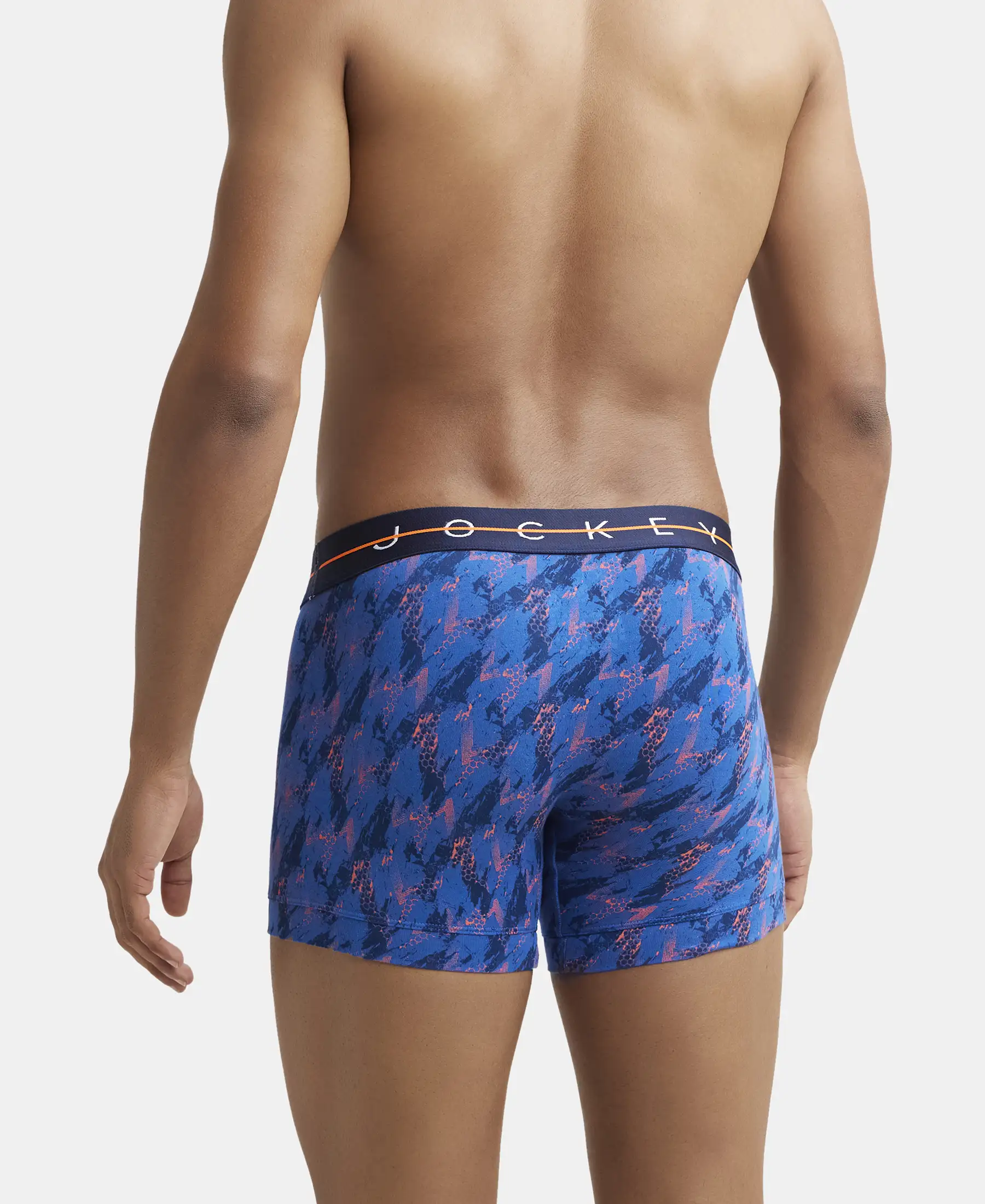 Super Combed Cotton Elastane Printed Trunk with Ultrasoft Waistband - Navy & Orange - Image 3