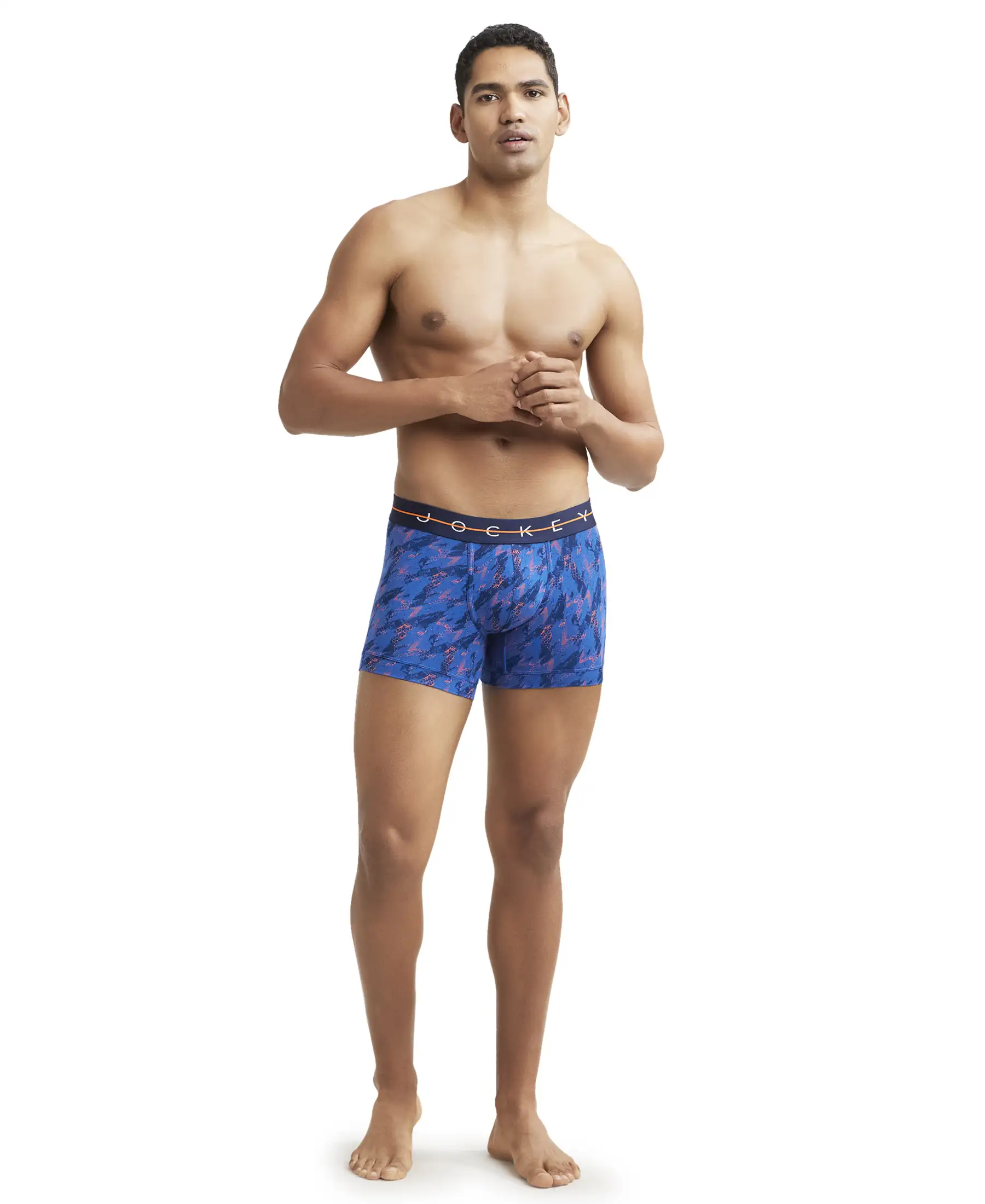 Super Combed Cotton Elastane Printed Trunk with Ultrasoft Waistband - Navy & Orange - Image 4