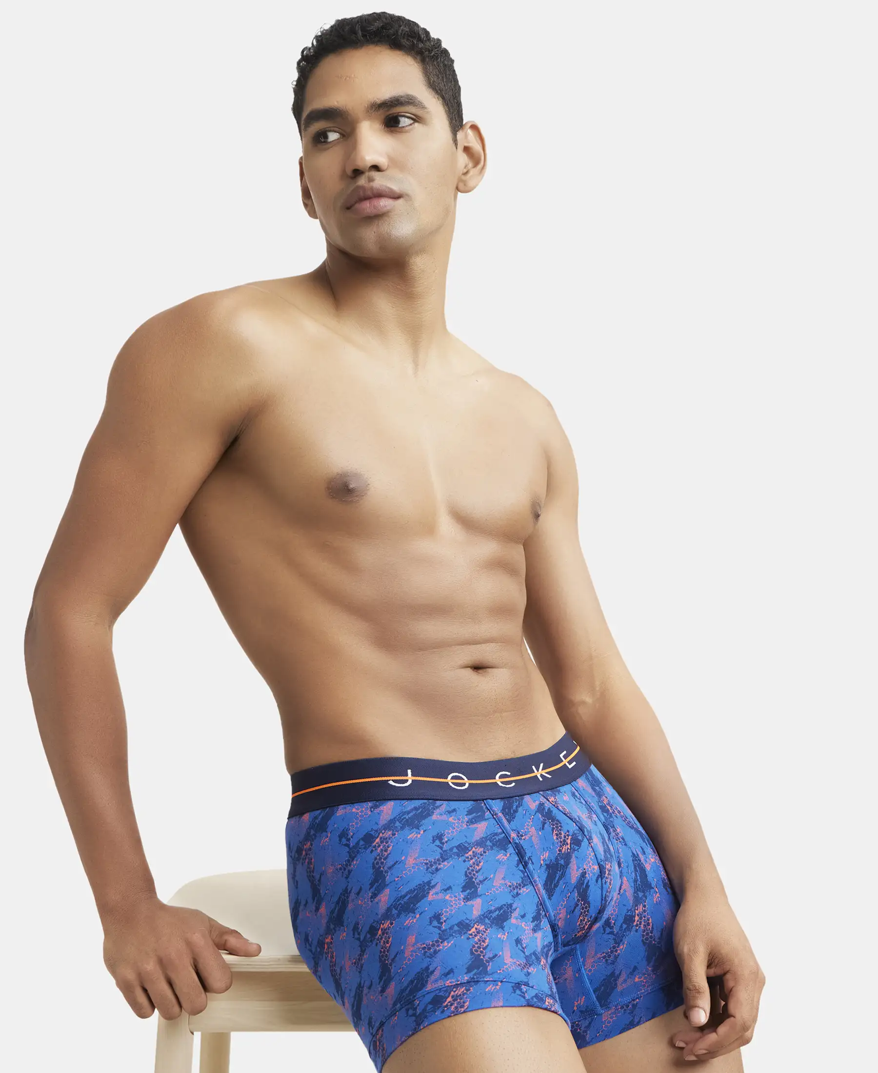 Super Combed Cotton Elastane Printed Trunk with Ultrasoft Waistband - Navy & Orange - Image 5
