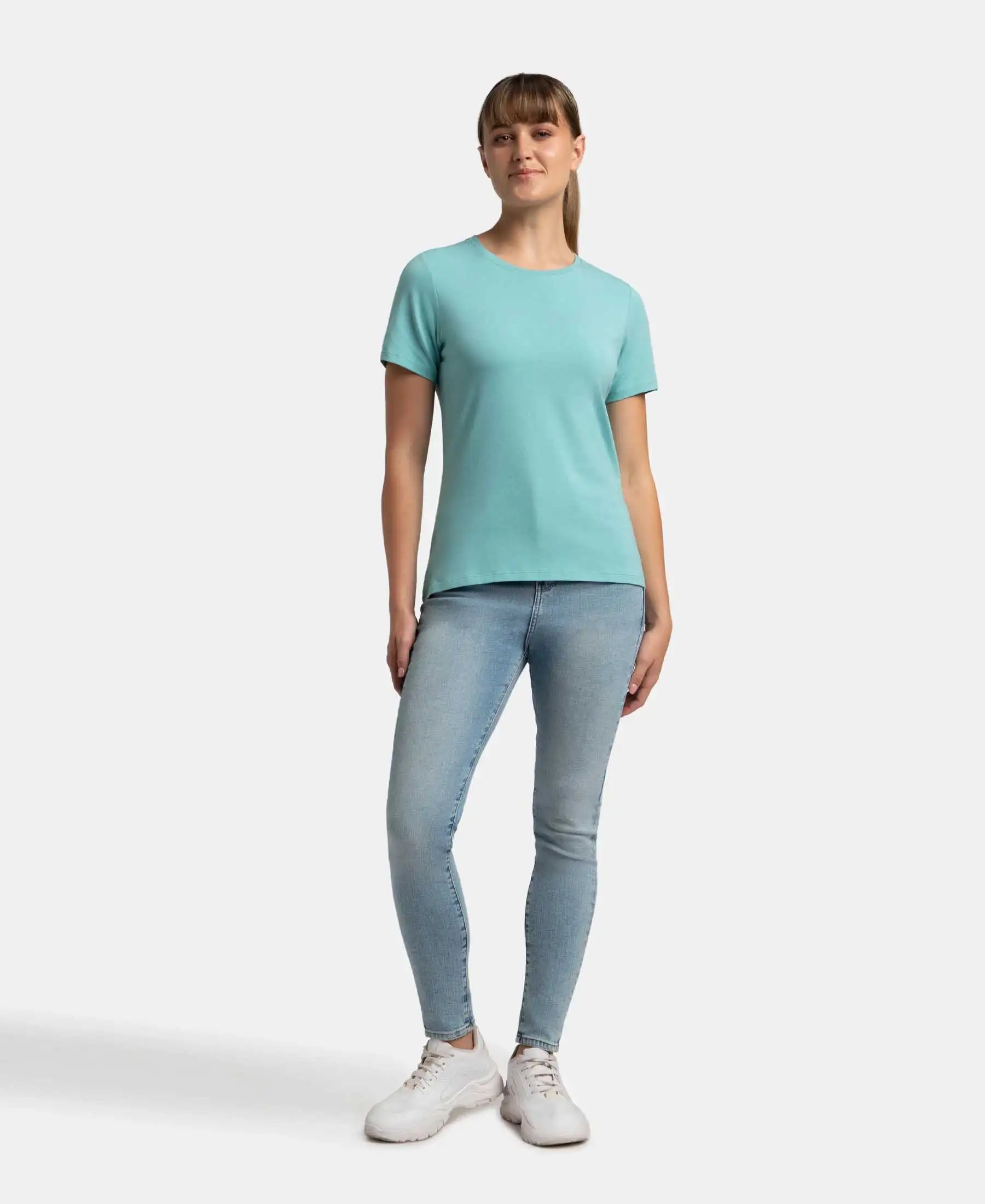 Super Combed Cotton Elastane Stretch Regular Fit Solid Round Neck Half Sleeve T-Shirt - Nile Blue - Image 4