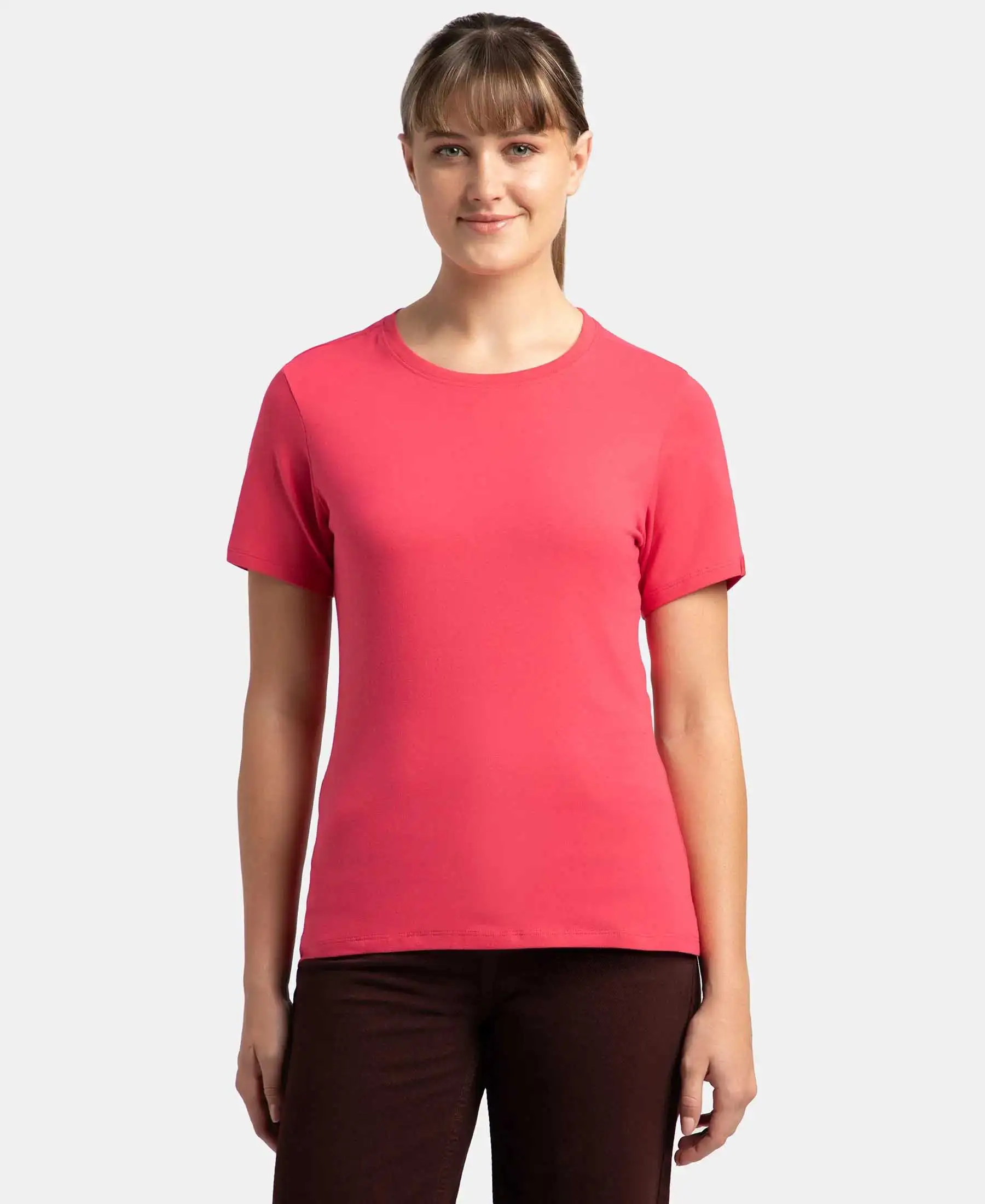 Super Combed Cotton Elastane Stretch Regular Fit Solid Round Neck Half Sleeve T-Shirt - Ruby