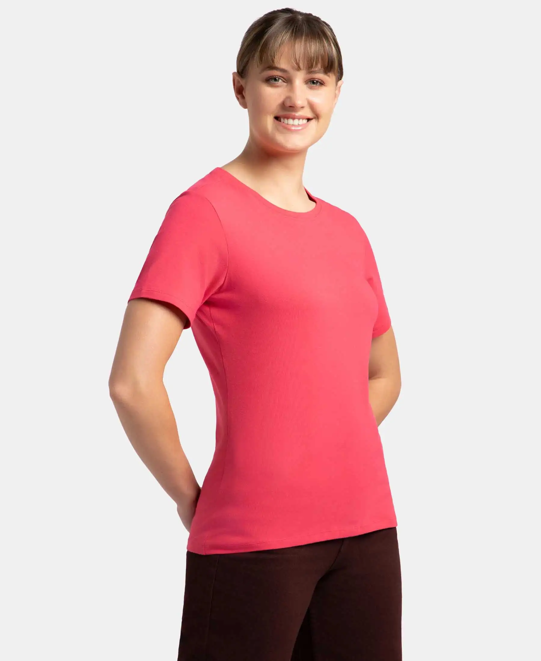 Super Combed Cotton Elastane Stretch Regular Fit Solid Round Neck Half Sleeve T-Shirt - Ruby - Image 2