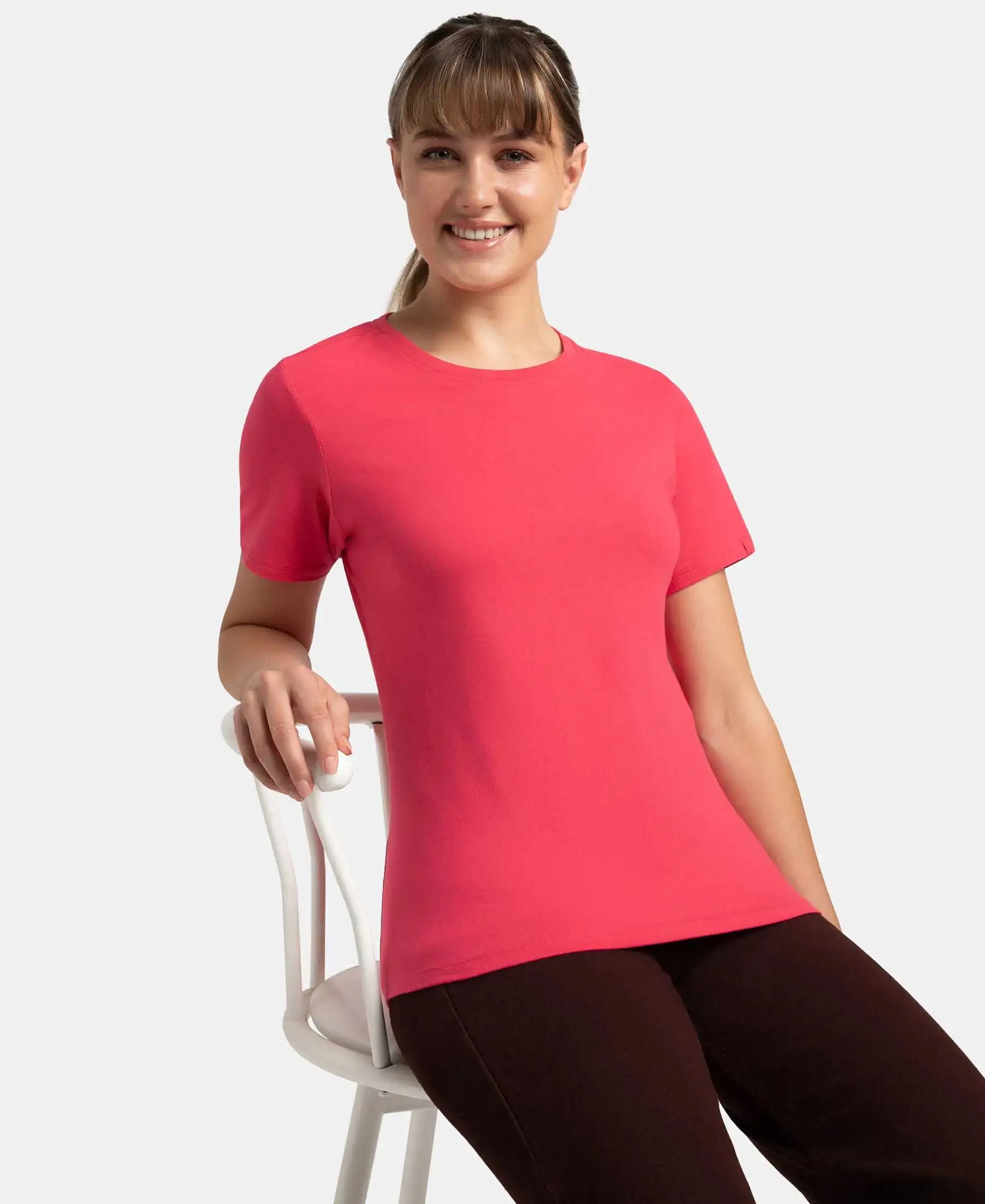 Super Combed Cotton Elastane Stretch Regular Fit Solid Round Neck Half Sleeve T-Shirt - Ruby - Image 5