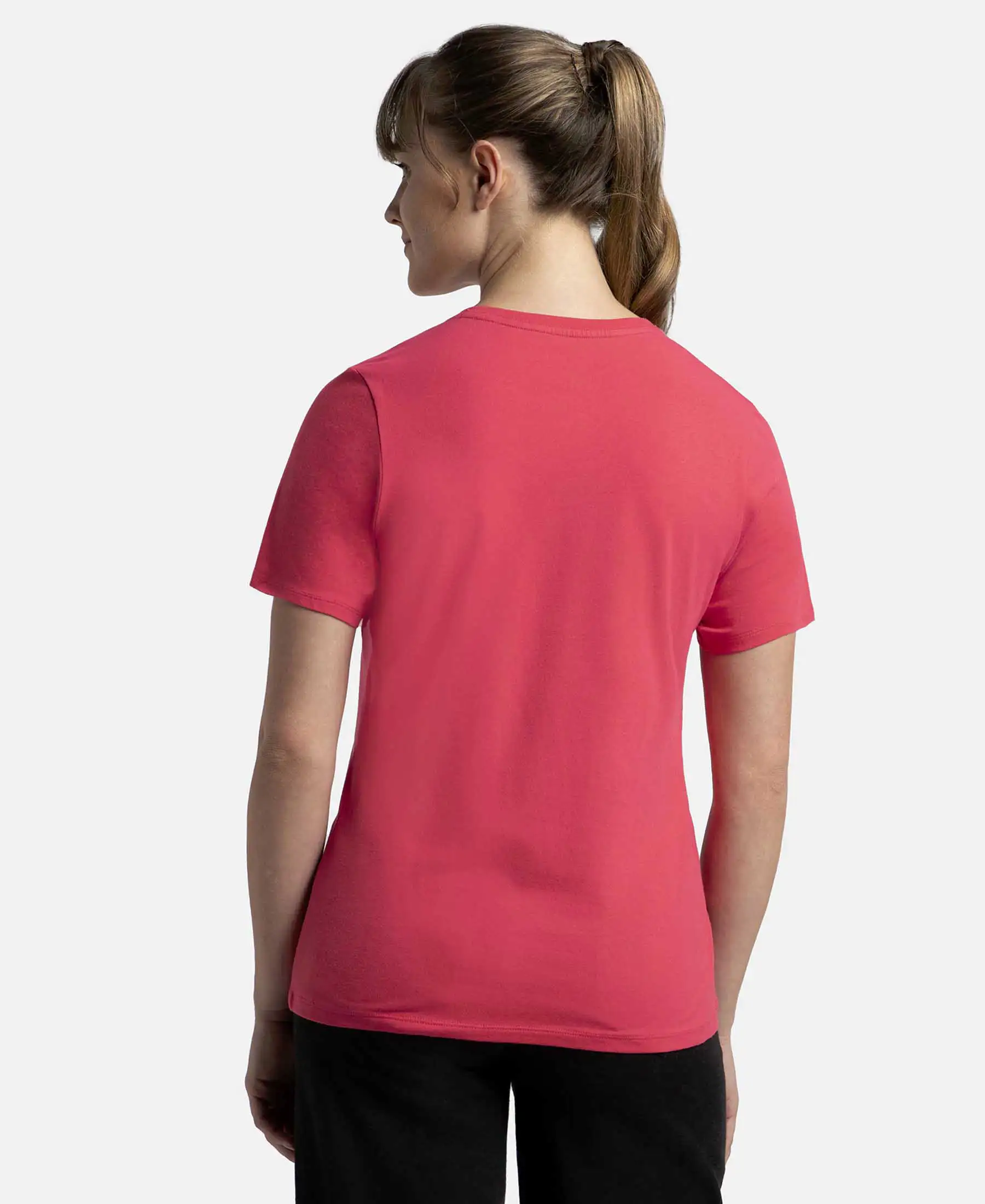 Super Combed Cotton Elastane Stretch Regular Fit Solid V Neck Half Sleeve T-Shirt - Ruby - Image 3