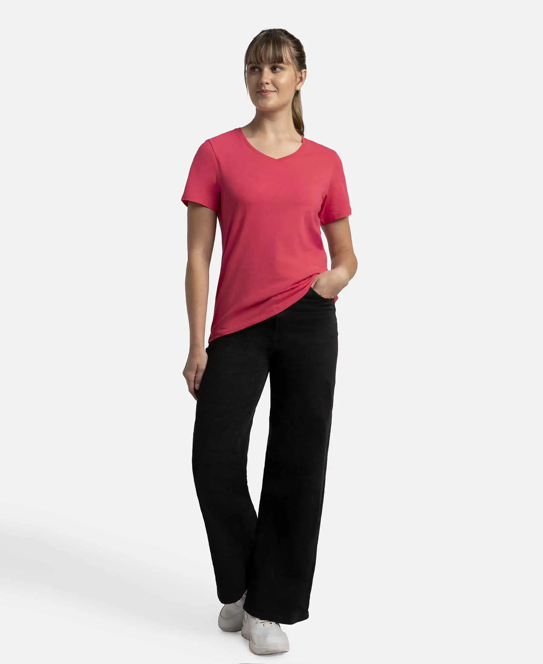 Super Combed Cotton Elastane Stretch Regular Fit Solid V Neck Half Sleeve T-Shirt - Ruby - Image 4