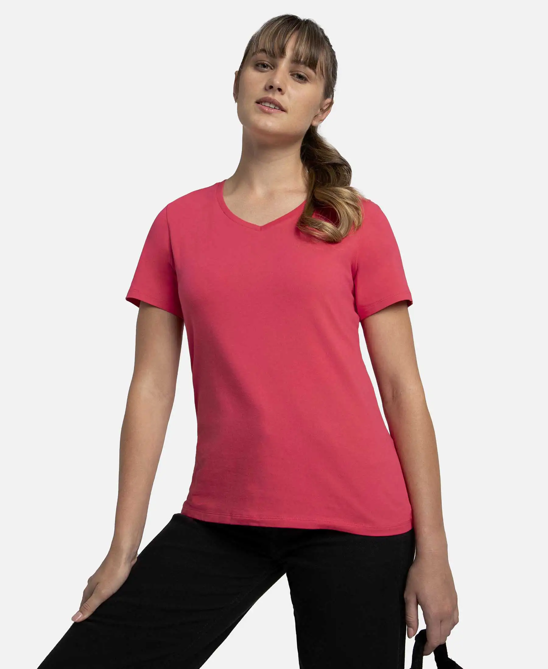 Super Combed Cotton Elastane Stretch Regular Fit Solid V Neck Half Sleeve T-Shirt - Ruby - Image 5