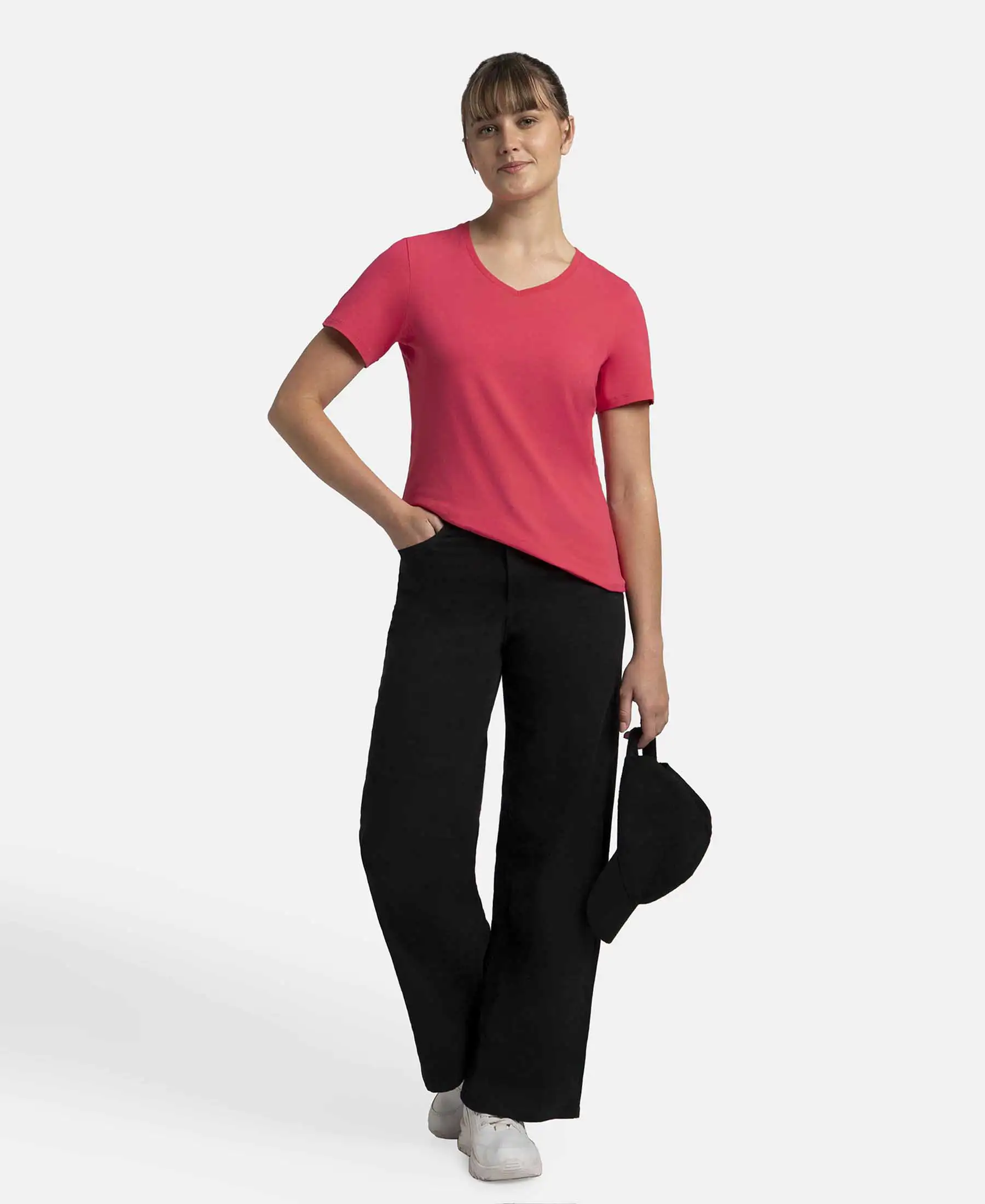 Super Combed Cotton Elastane Stretch Regular Fit Solid V Neck Half Sleeve T-Shirt - Ruby - Image 6