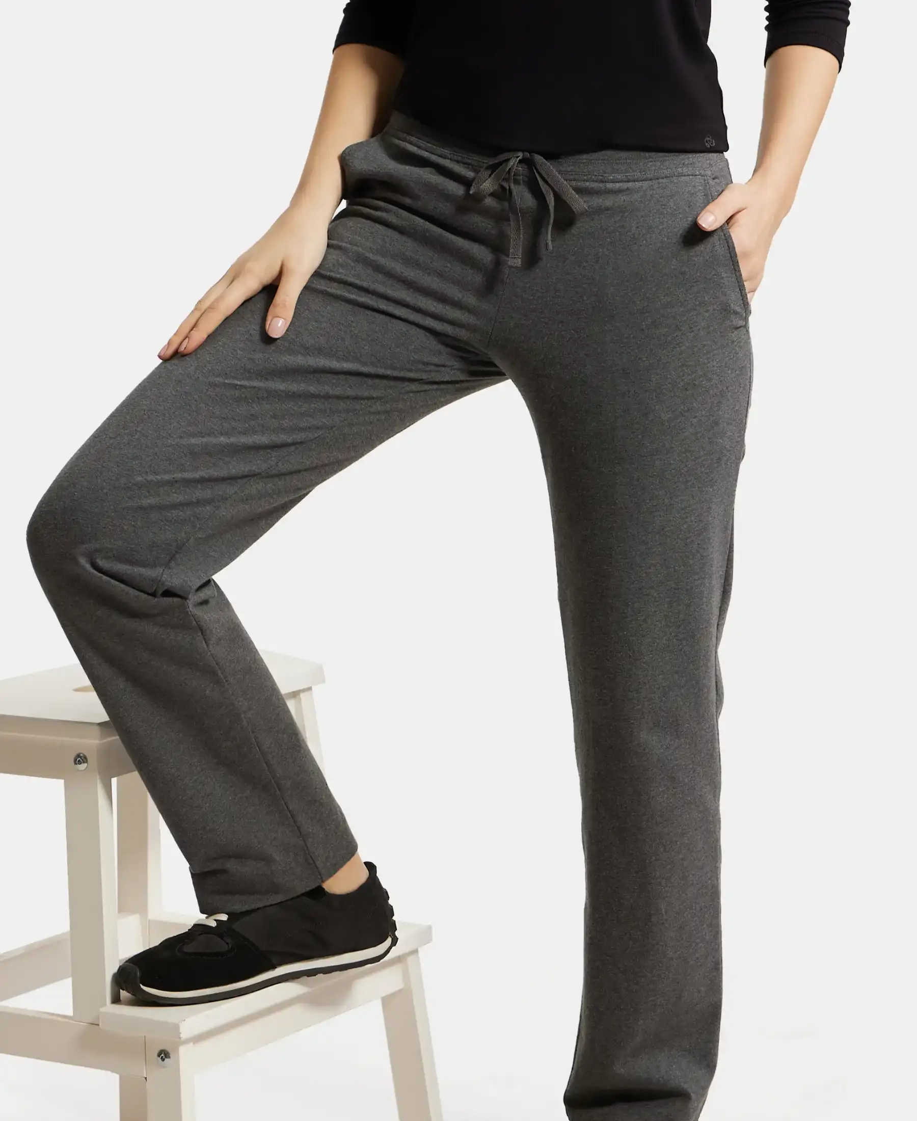 Super Combed Cotton Elastane Stretch Relaxed Fit Trackpants With Side Pockets - Charcoal Melange - Image 5