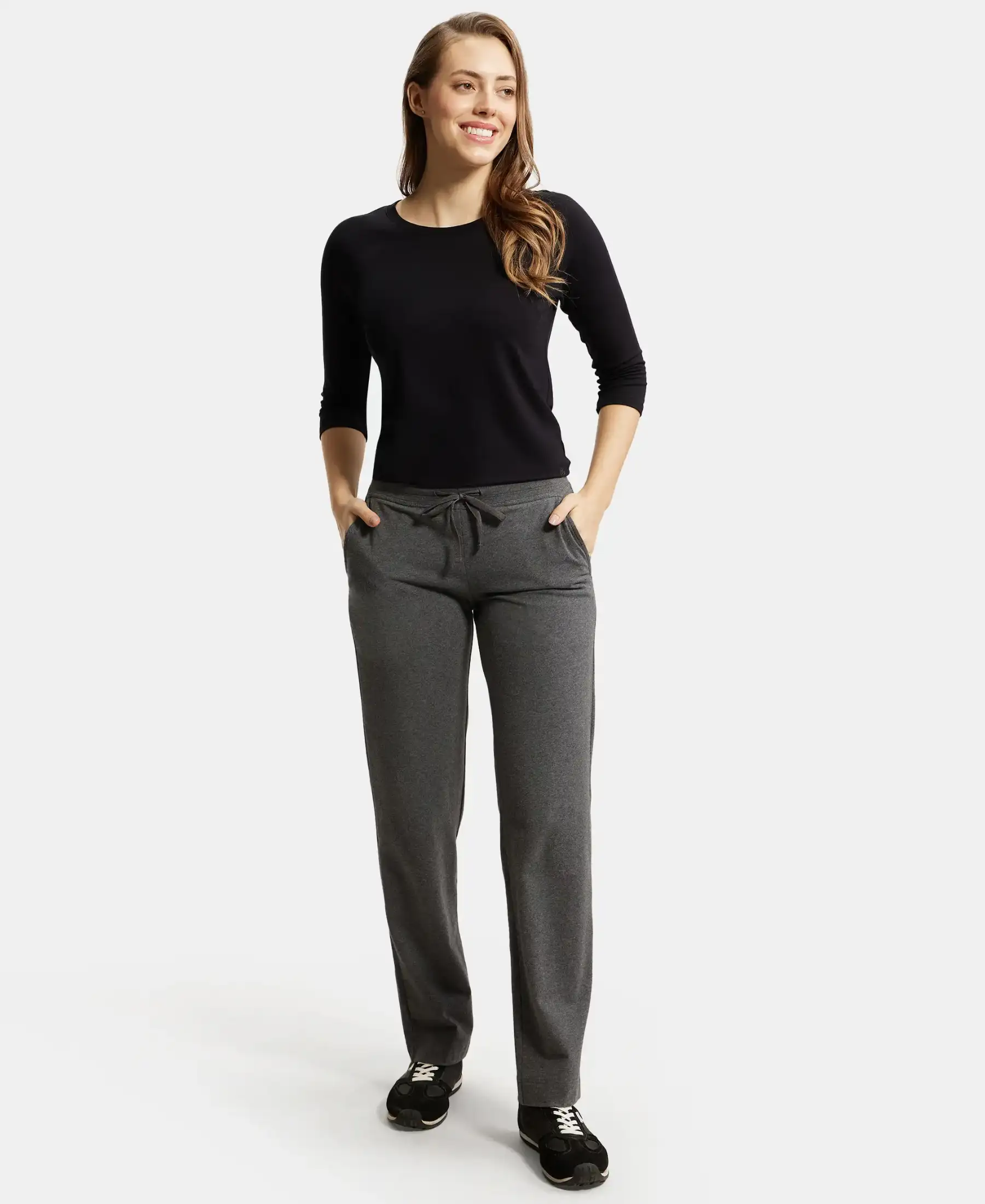Super Combed Cotton Elastane Stretch Relaxed Fit Trackpants With Side Pockets - Charcoal Melange - Image 6