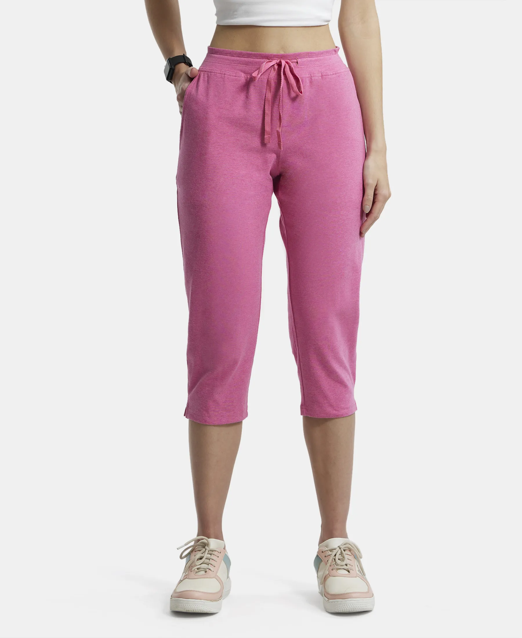 Super Combed Cotton Elastane Stretch Slim Fit Capri with Side Pockets - Ibis Rose Melange