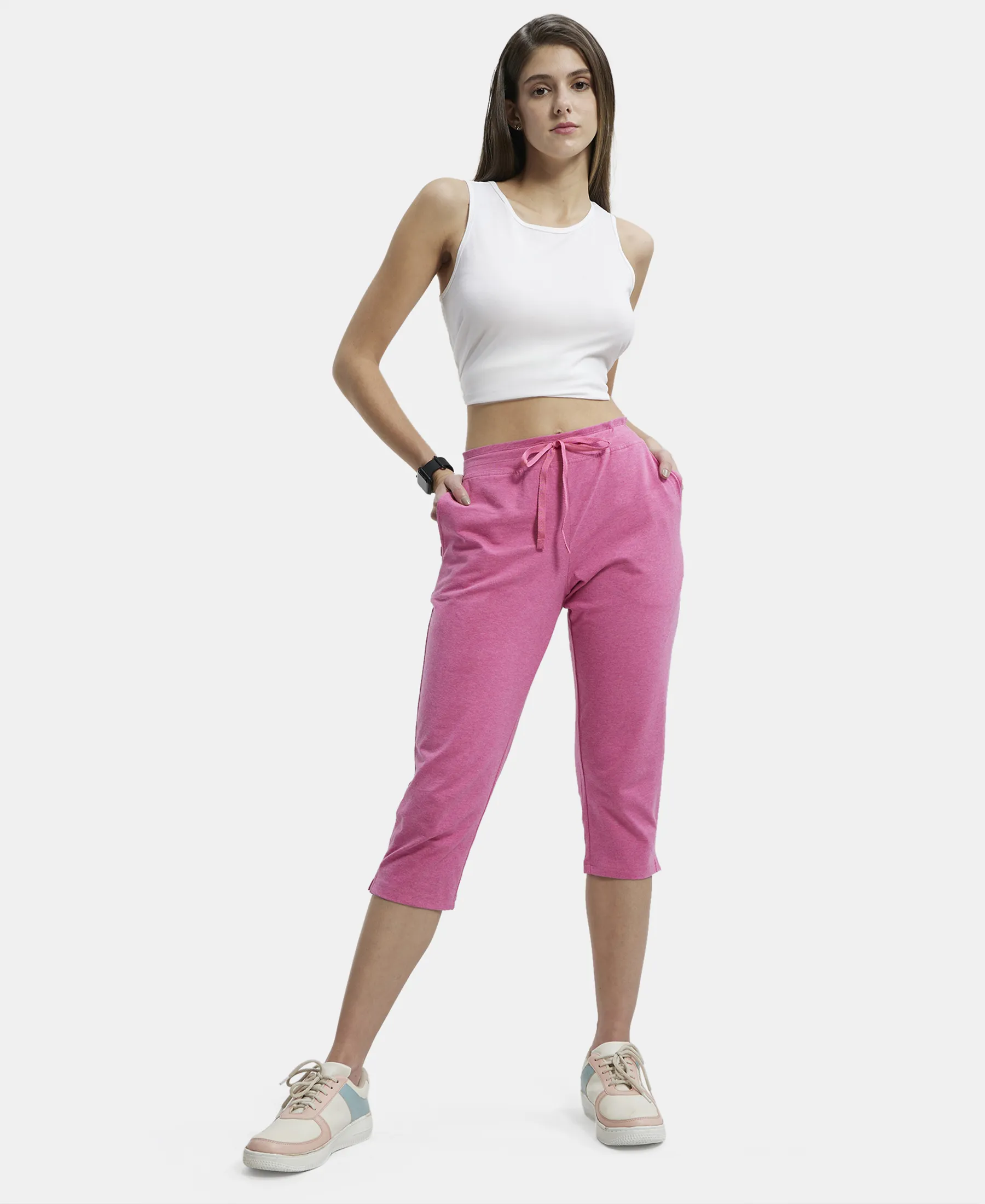 Super Combed Cotton Elastane Stretch Slim Fit Capri with Side Pockets - Ibis Rose Melange - Image 6