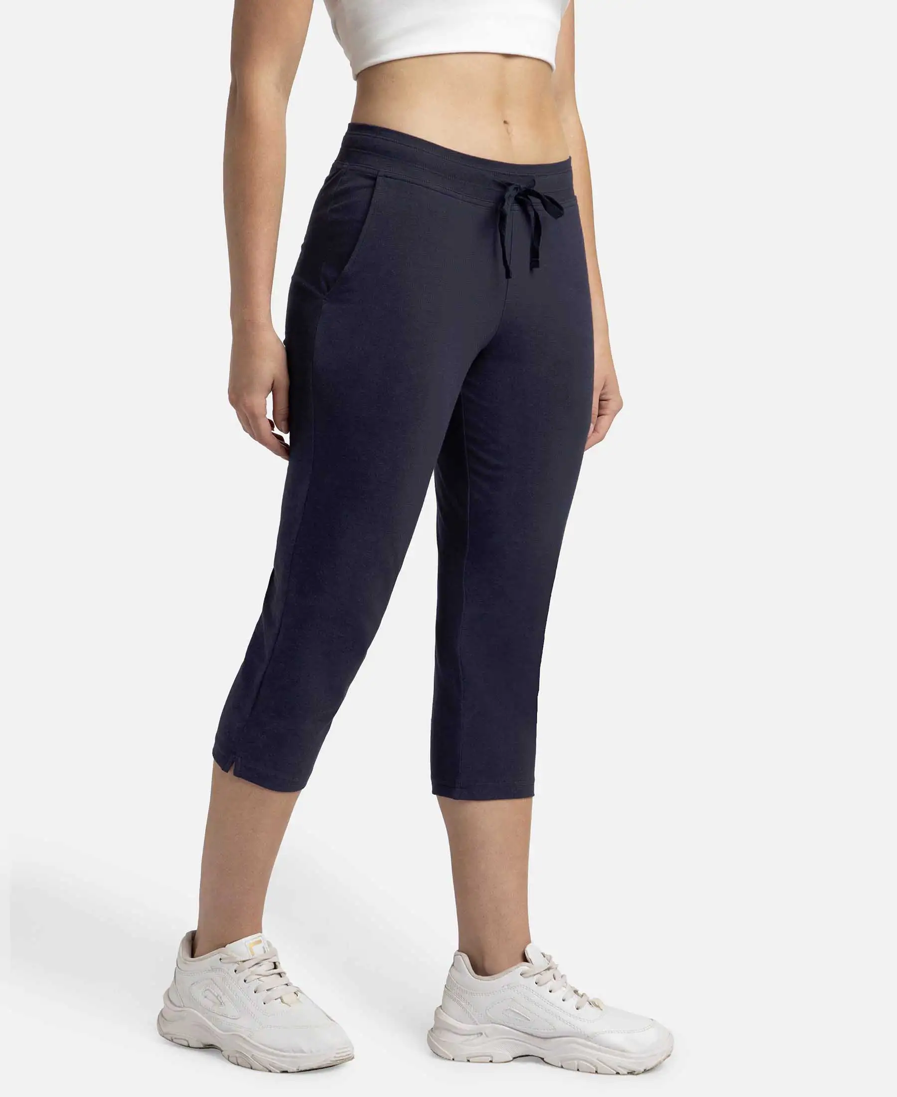 Super Combed Cotton Elastane Stretch Slim Fit Capri with Side Pockets - Navy Blazer - Image 2