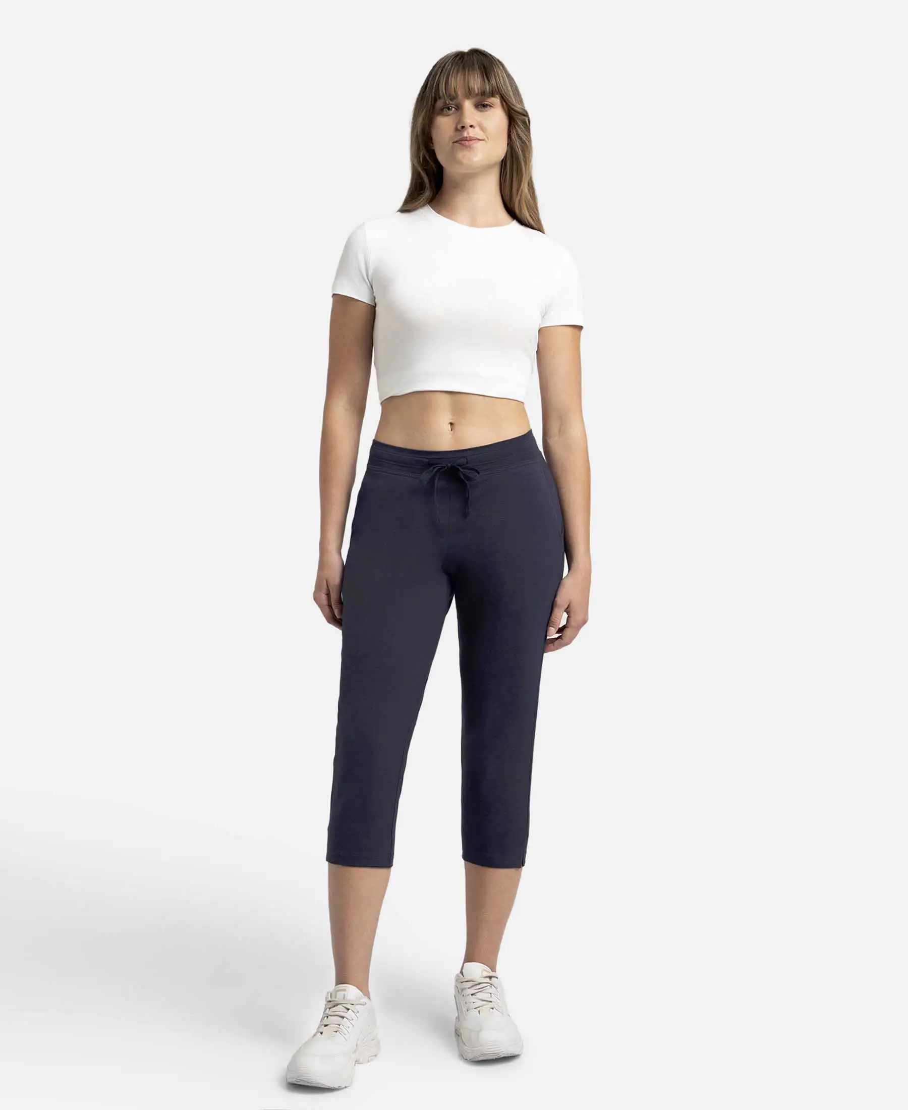 Super Combed Cotton Elastane Stretch Slim Fit Capri with Side Pockets - Navy Blazer - Image 4