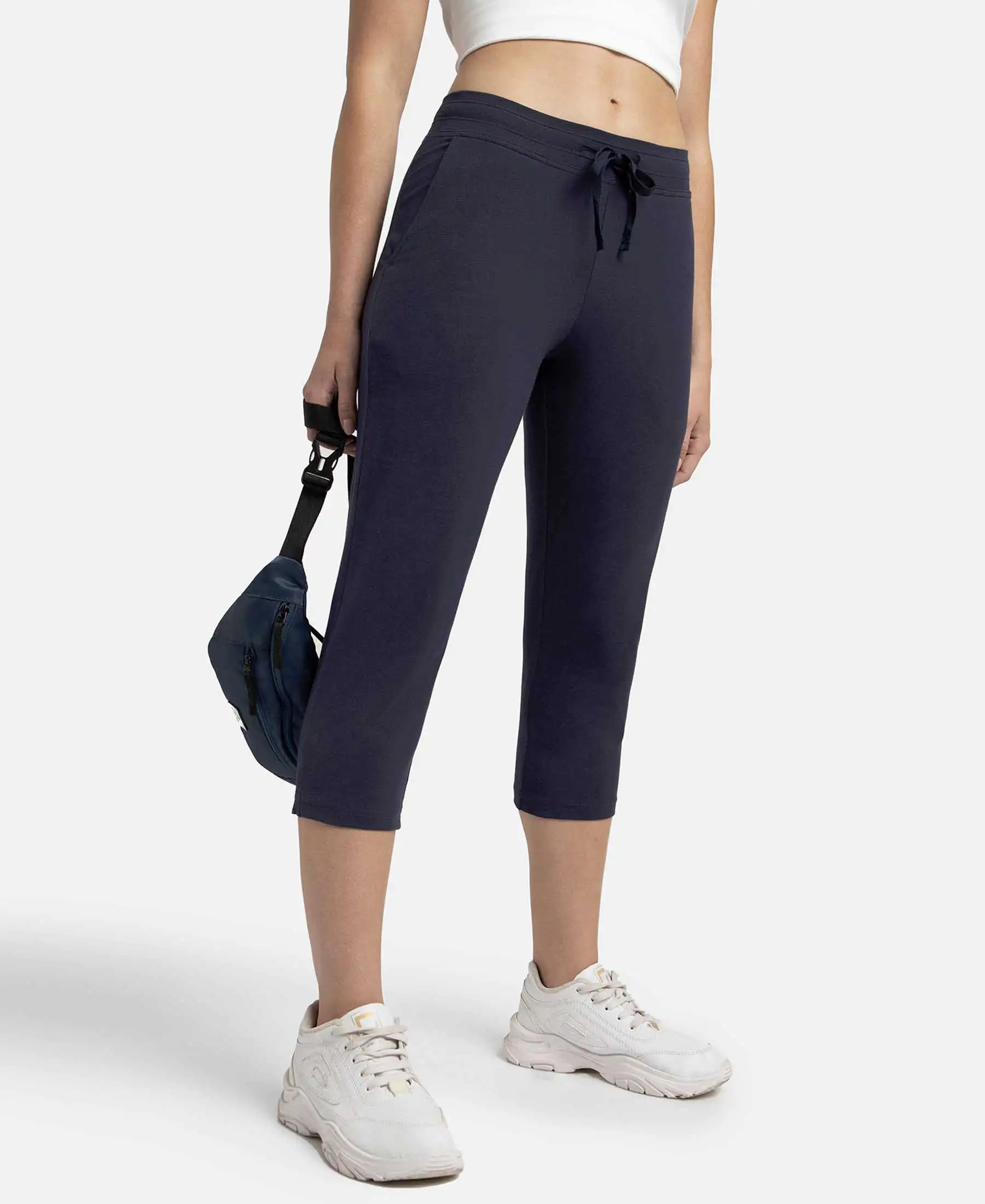 Super Combed Cotton Elastane Stretch Slim Fit Capri with Side Pockets - Navy Blazer - Image 5