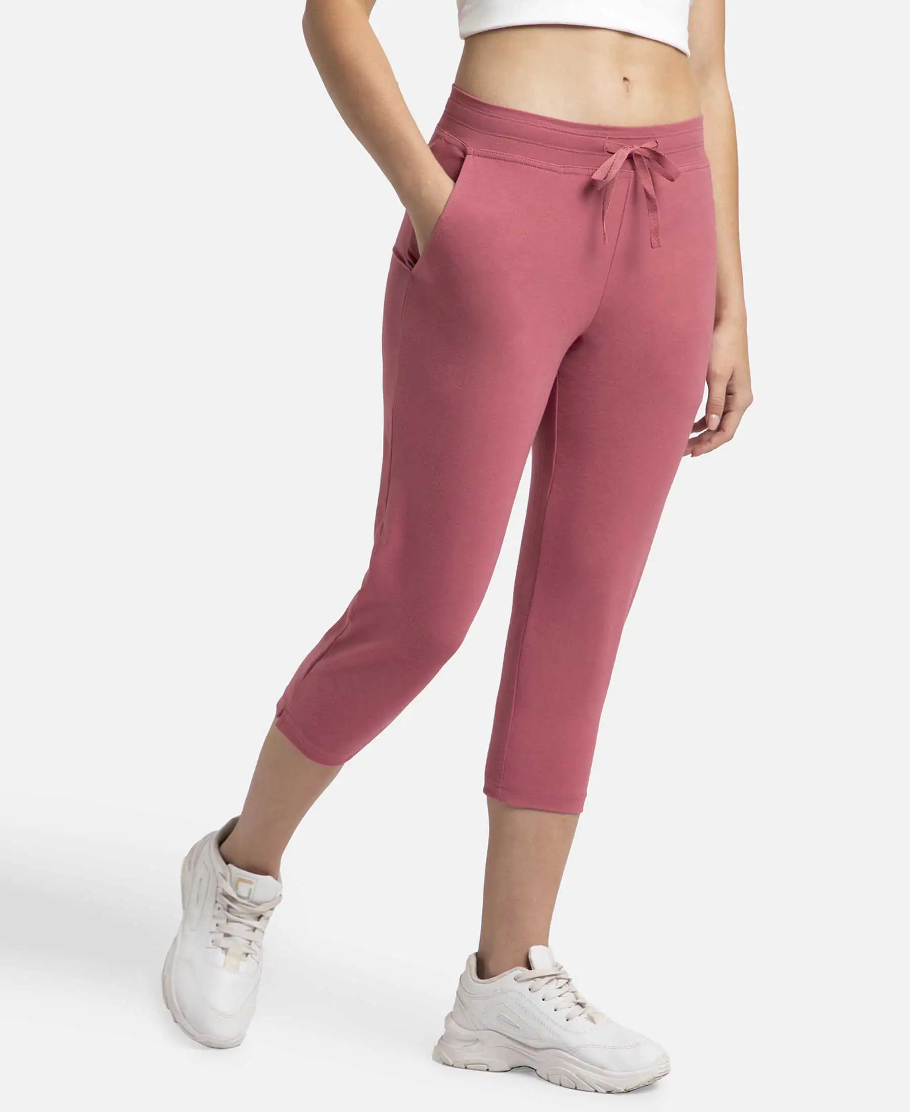 Super Combed Cotton Elastane Stretch Slim Fit Capri with Side Pockets - Rose Wine - Image 2