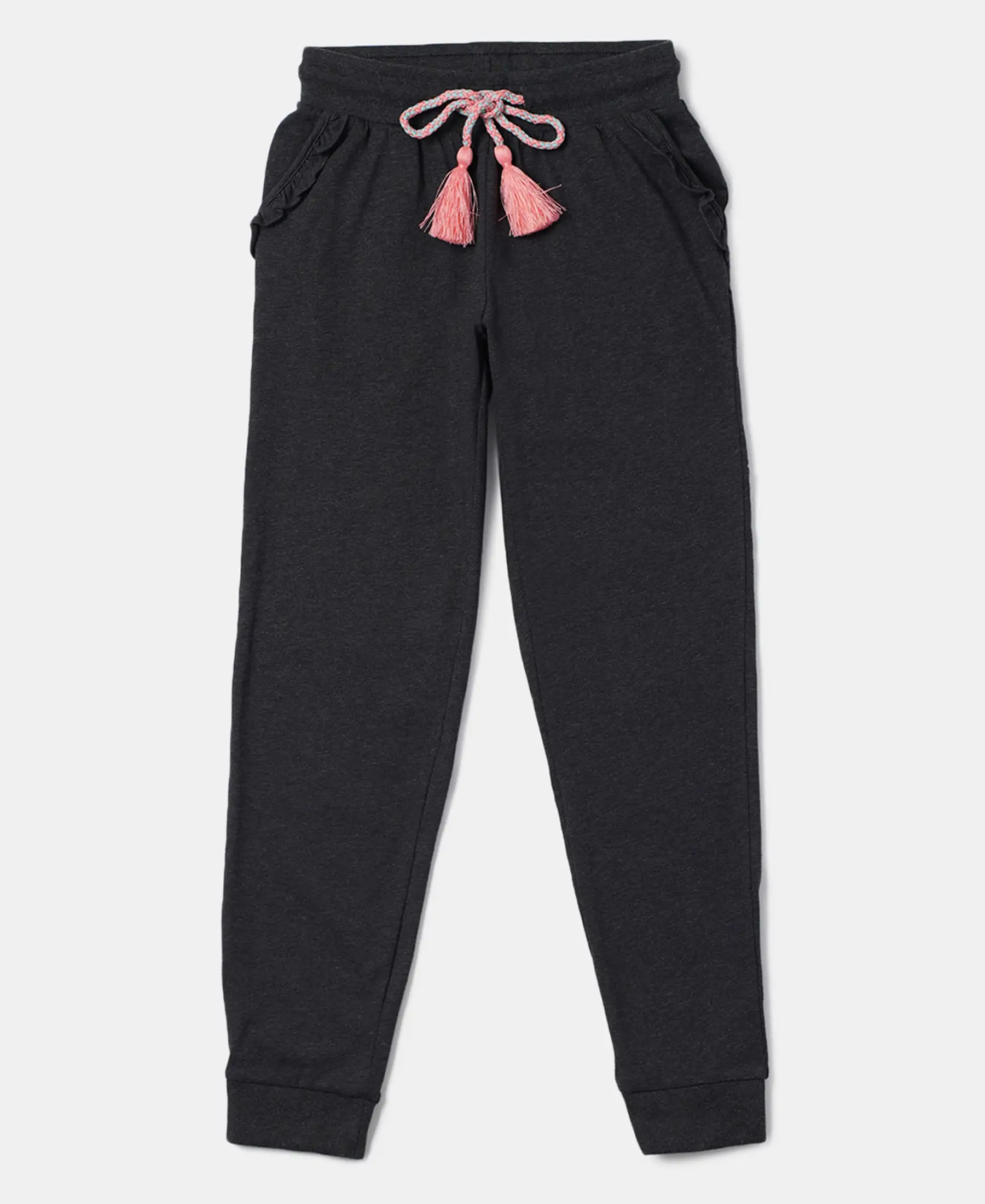 Girl's Super Combed Cotton Elastane Stretch Slim Fit Joggers - Black Melange